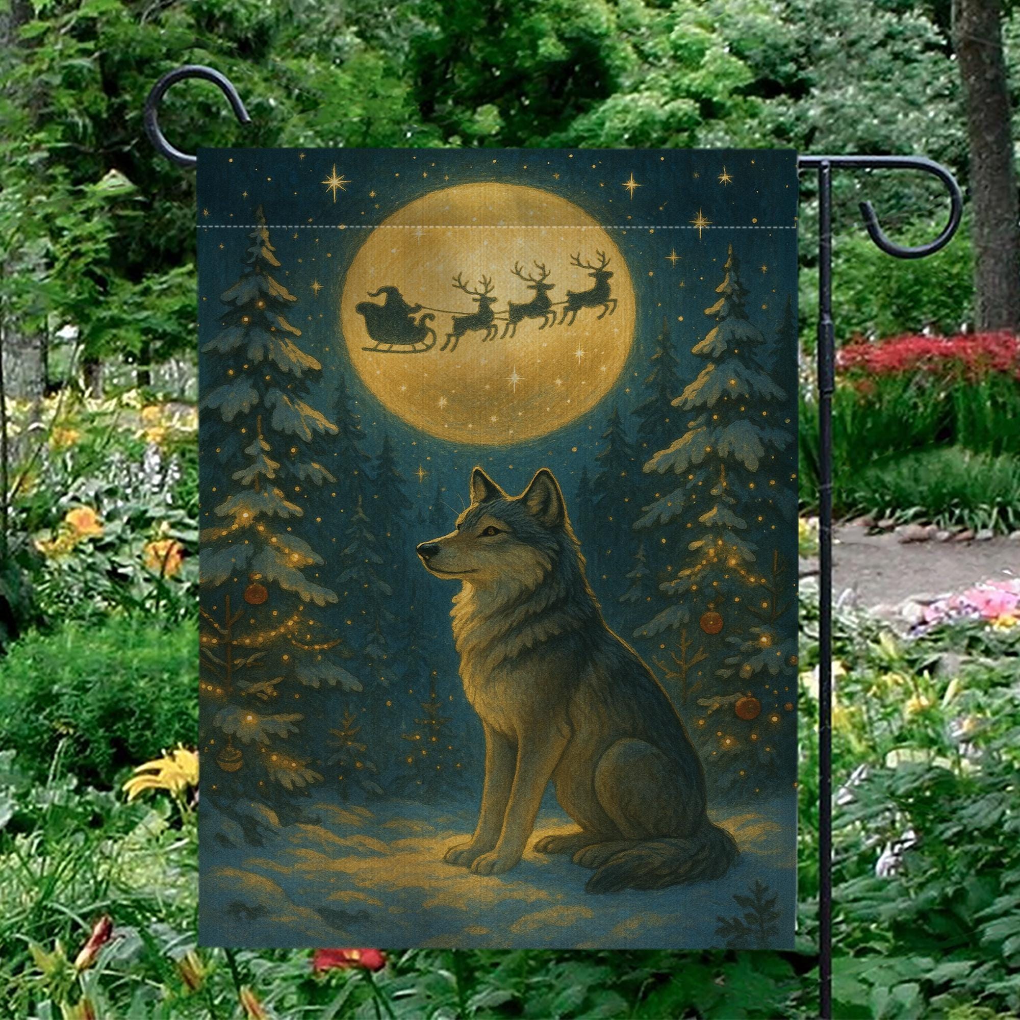 Christmas Wolf Garden Flag – Outdoor Yard Banner with Full Moon and Santa Sleigh Design