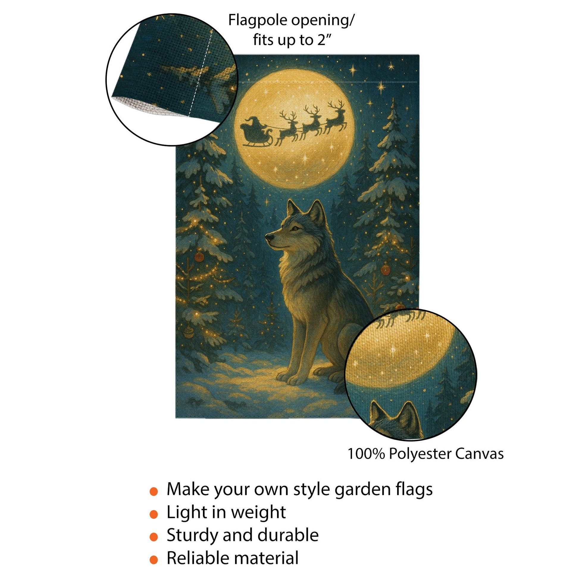 Christmas Wolf Garden Flag – Outdoor Yard Banner with Full Moon and Santa Sleigh Design