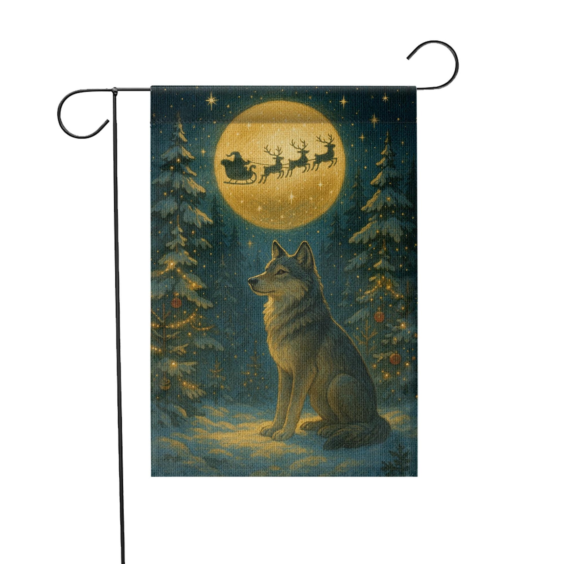 Christmas Wolf Garden Flag – Outdoor Yard Banner with Full Moon and Santa Sleigh Design
