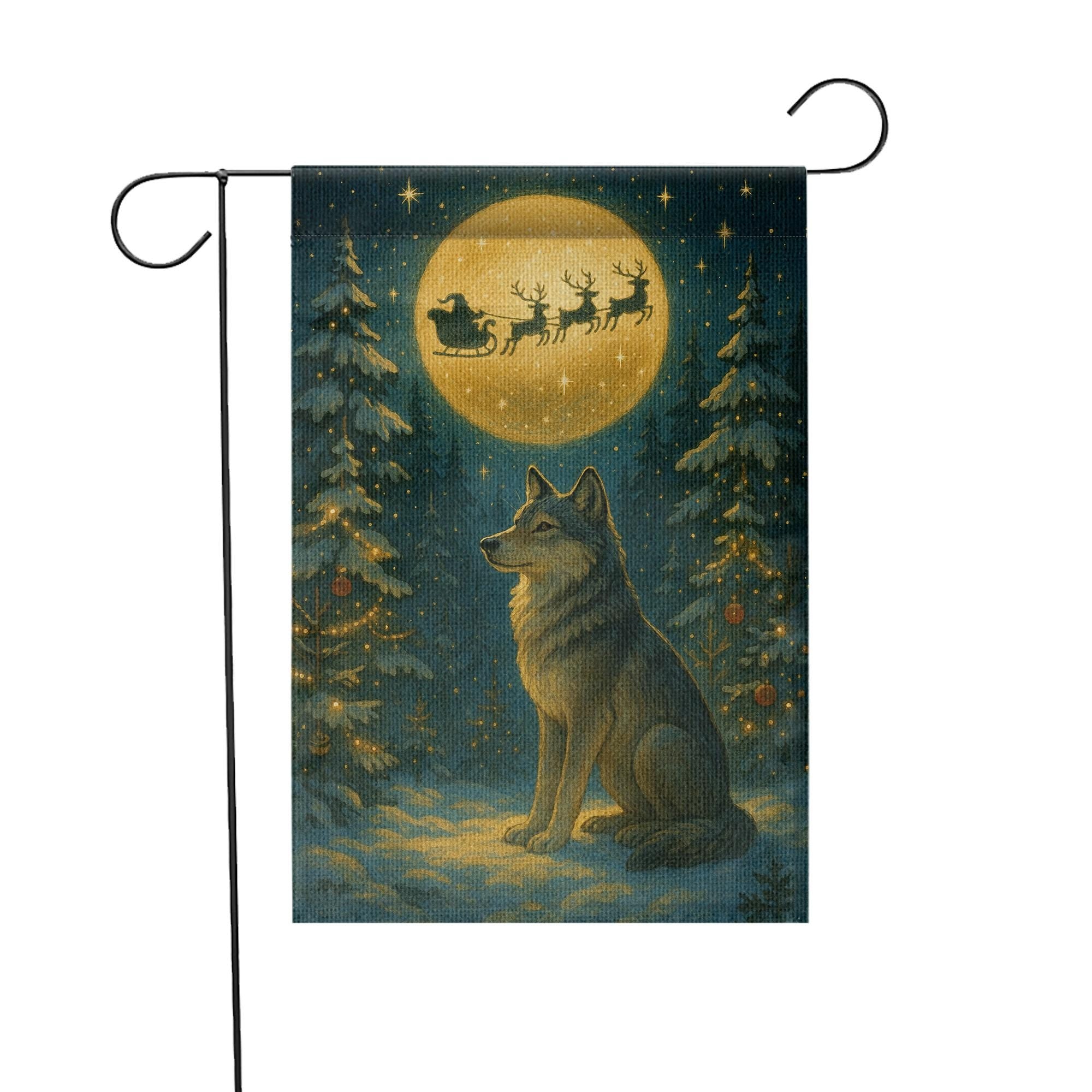 Christmas Wolf Garden Flag – Outdoor Yard Banner with Full Moon and Santa Sleigh Design