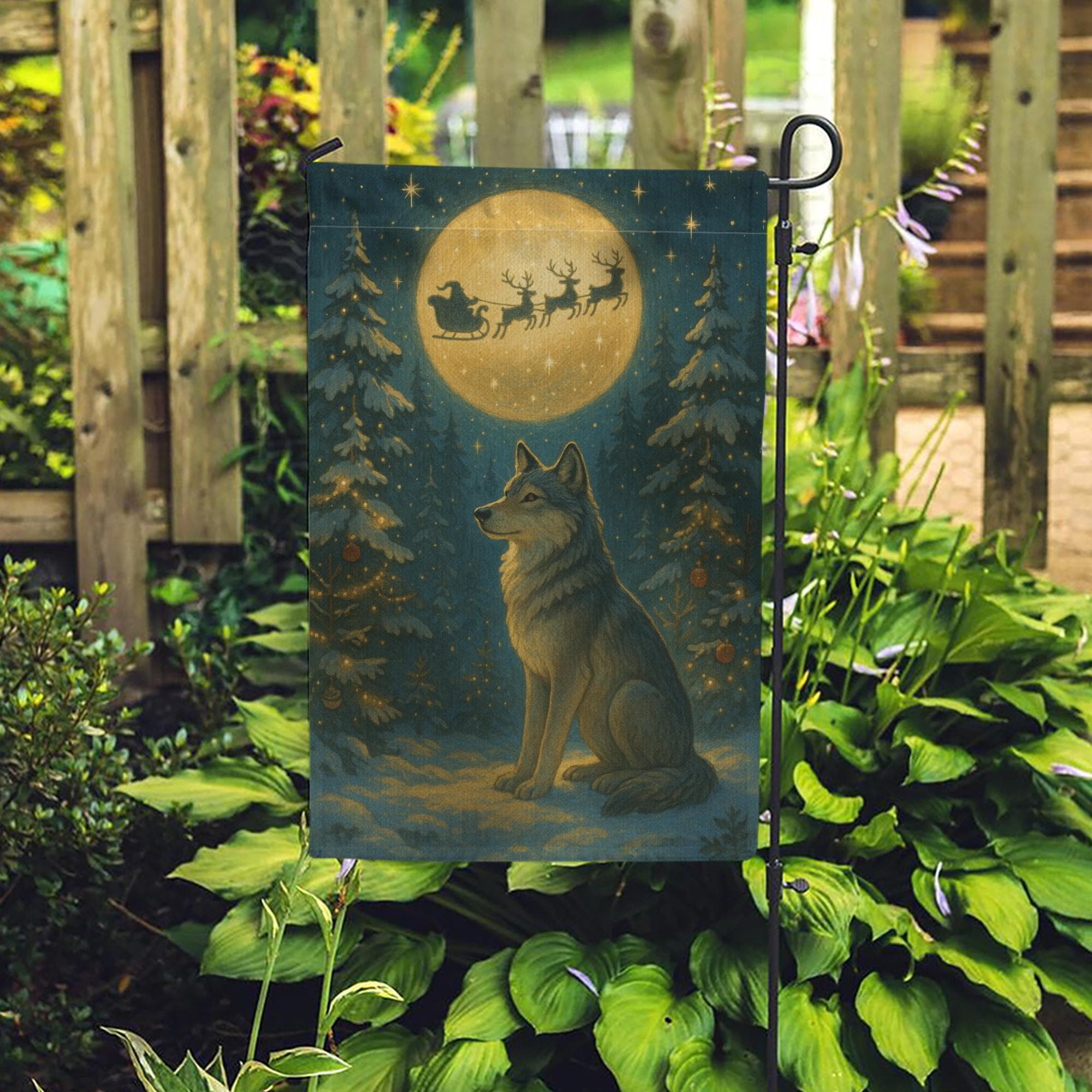 Christmas Wolf Garden Flag – Outdoor Yard Banner with Full Moon and Santa Sleigh Design