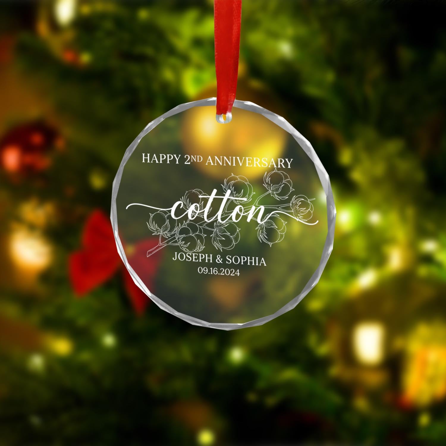 Personalized Cotton Anniversary Glass Ornament — Custom Names & Date — Clear Round Keepsake