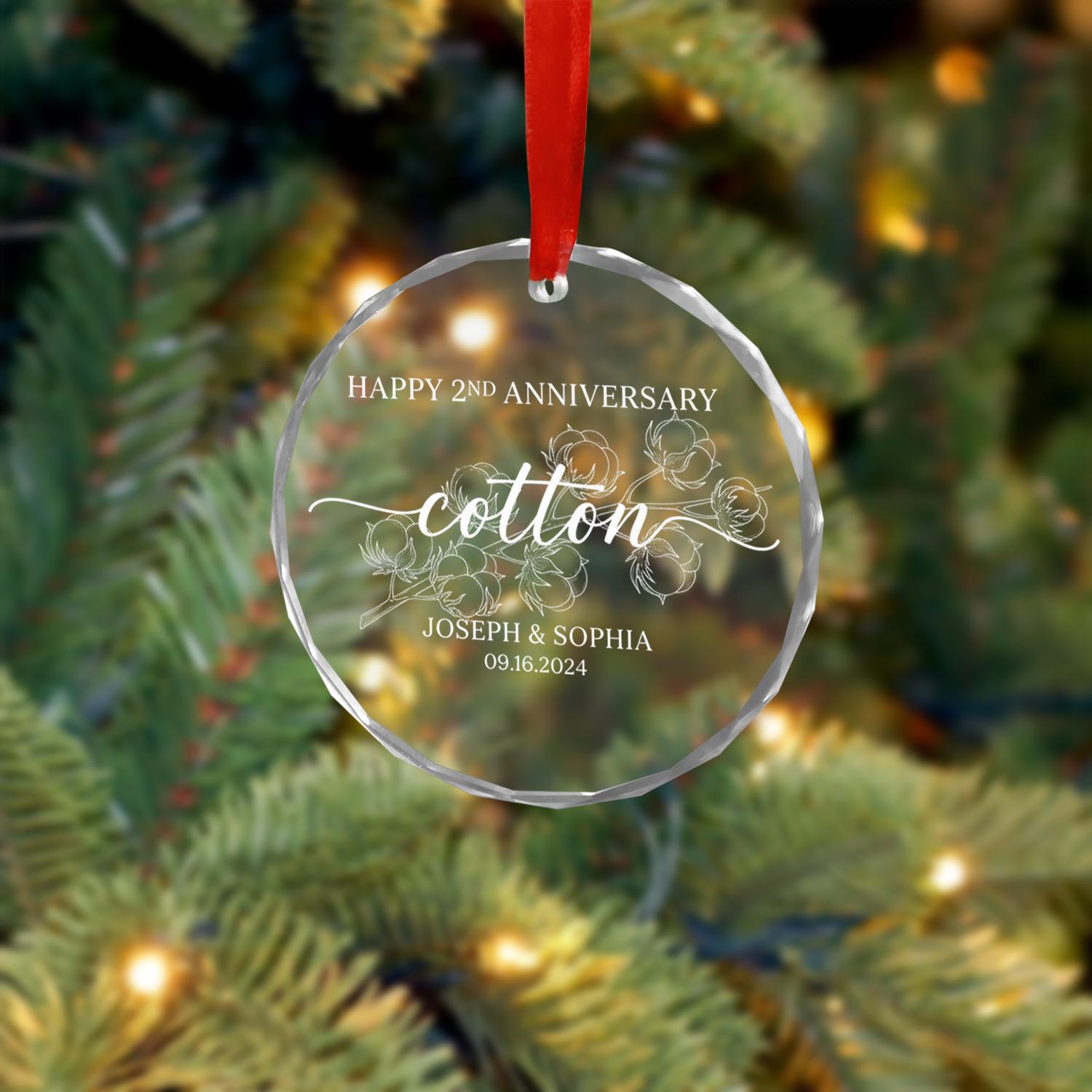 Personalized Cotton Anniversary Glass Ornament — Custom Names & Date — Clear Round Keepsake