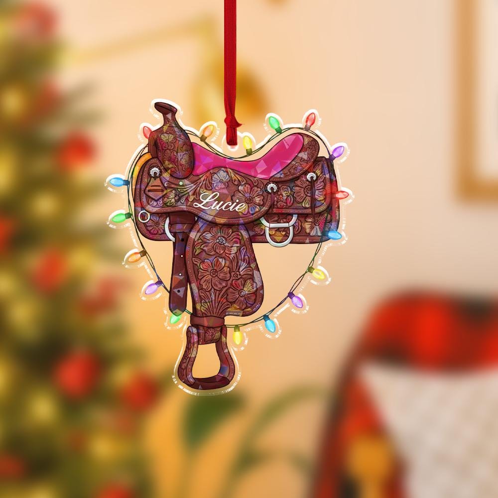 Personalized Saddle Ornament – Acrylic Christmas Ornament with Lights