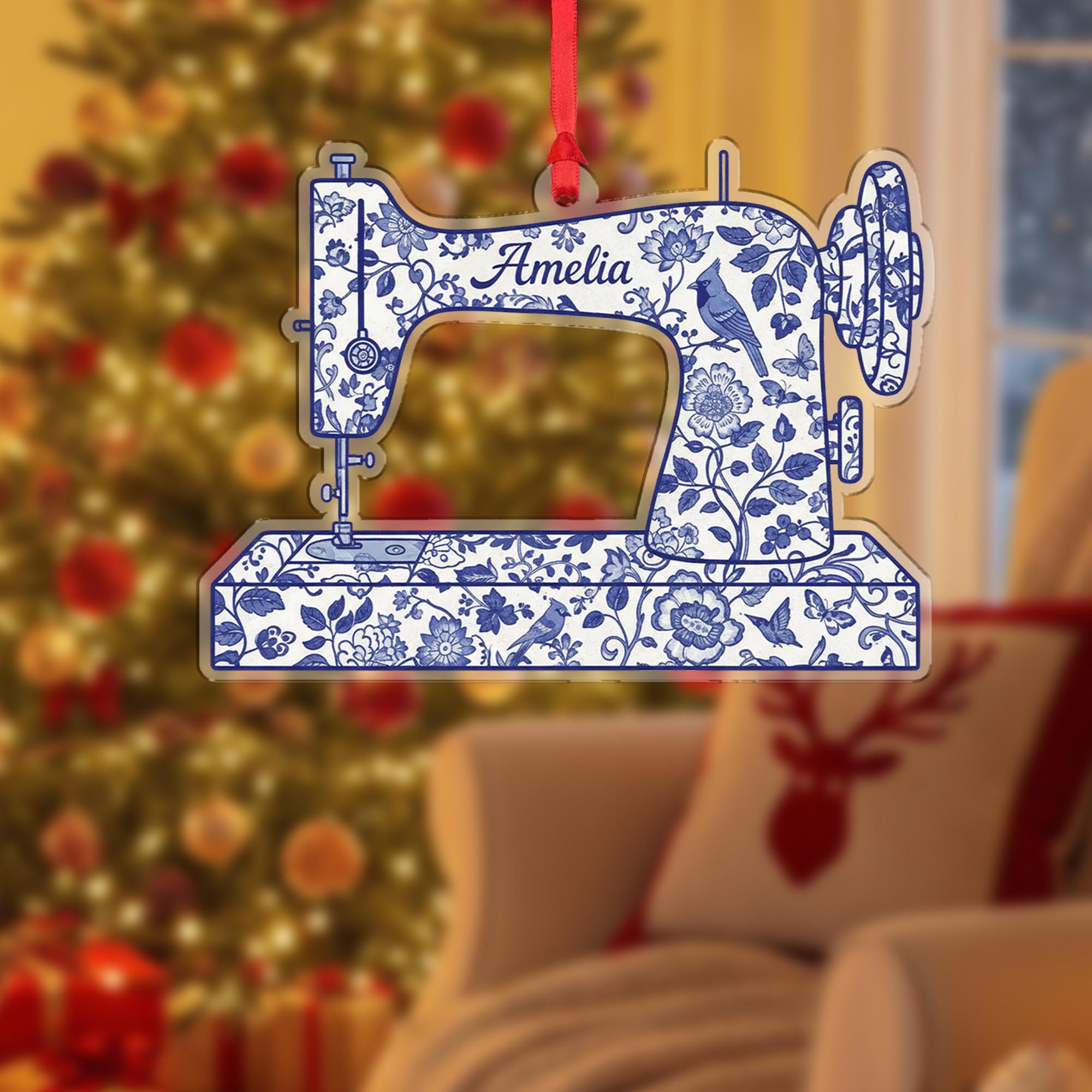 Personalized Sewing Machine Ornament, Custom Name Christmas Gift for Sewer, Blue Chinoiserie Seamstress Keepsake, Quilter Mom Gift Idea