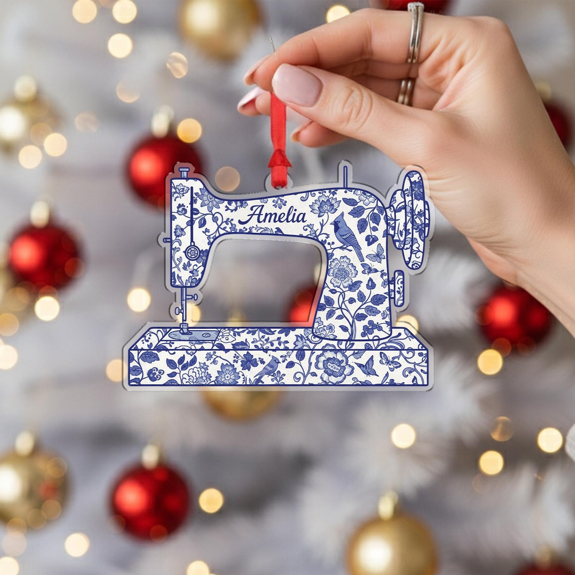 Personalized Sewing Machine Ornament, Custom Name Christmas Gift for Sewer, Blue Chinoiserie Seamstress Keepsake, Quilter Mom Gift Idea