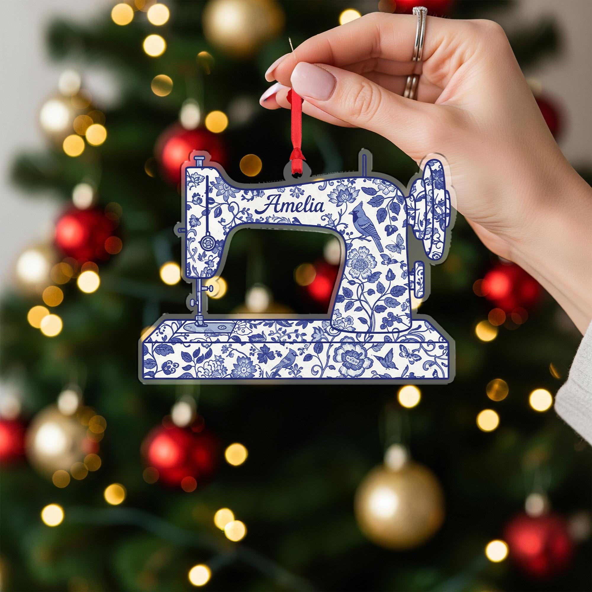 Personalized Sewing Machine Ornament, Custom Name Christmas Gift for Sewer, Blue Chinoiserie Seamstress Keepsake, Quilter Mom Gift Idea