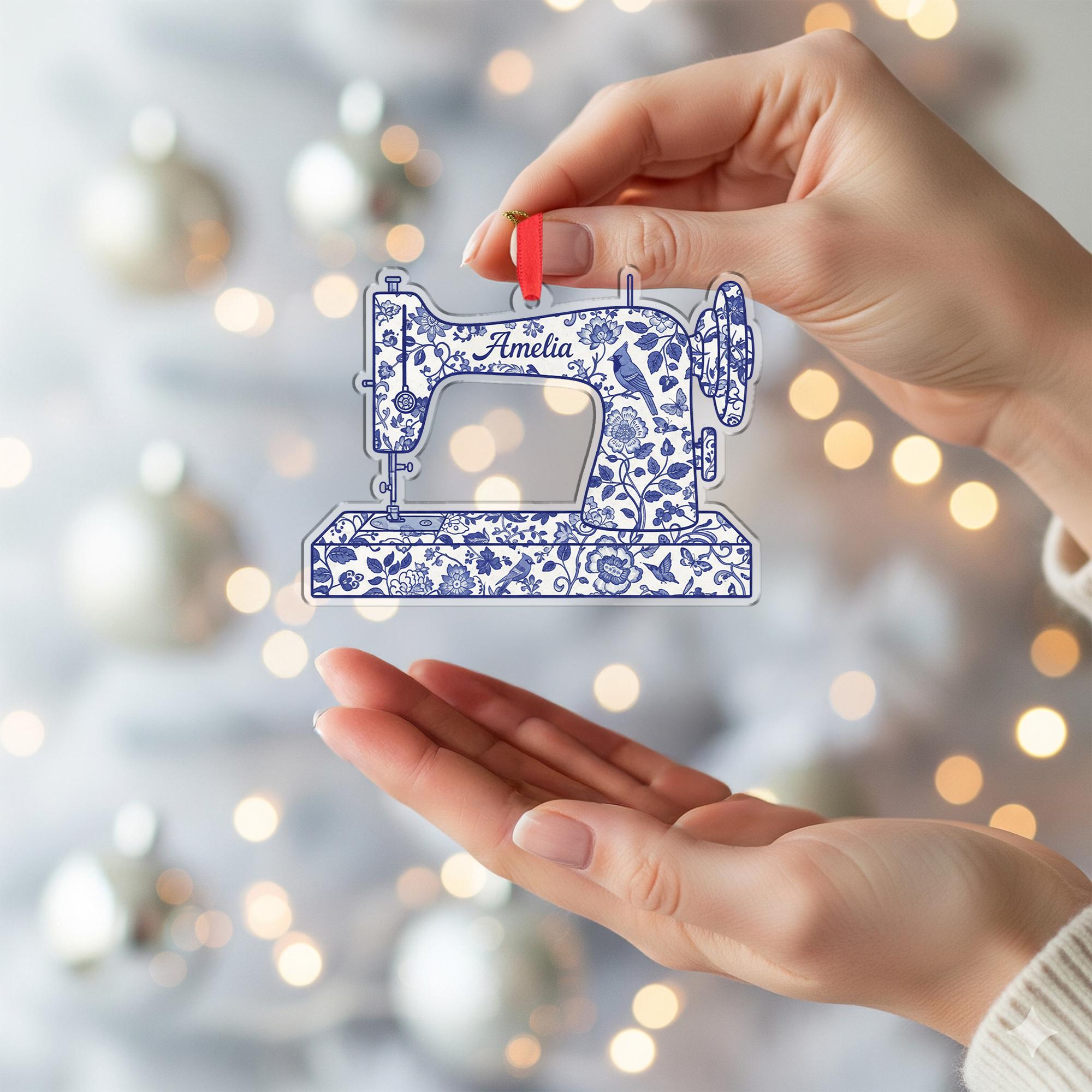 Personalized Sewing Machine Ornament, Custom Name Christmas Gift for Sewer, Blue Chinoiserie Seamstress Keepsake, Quilter Mom Gift Idea