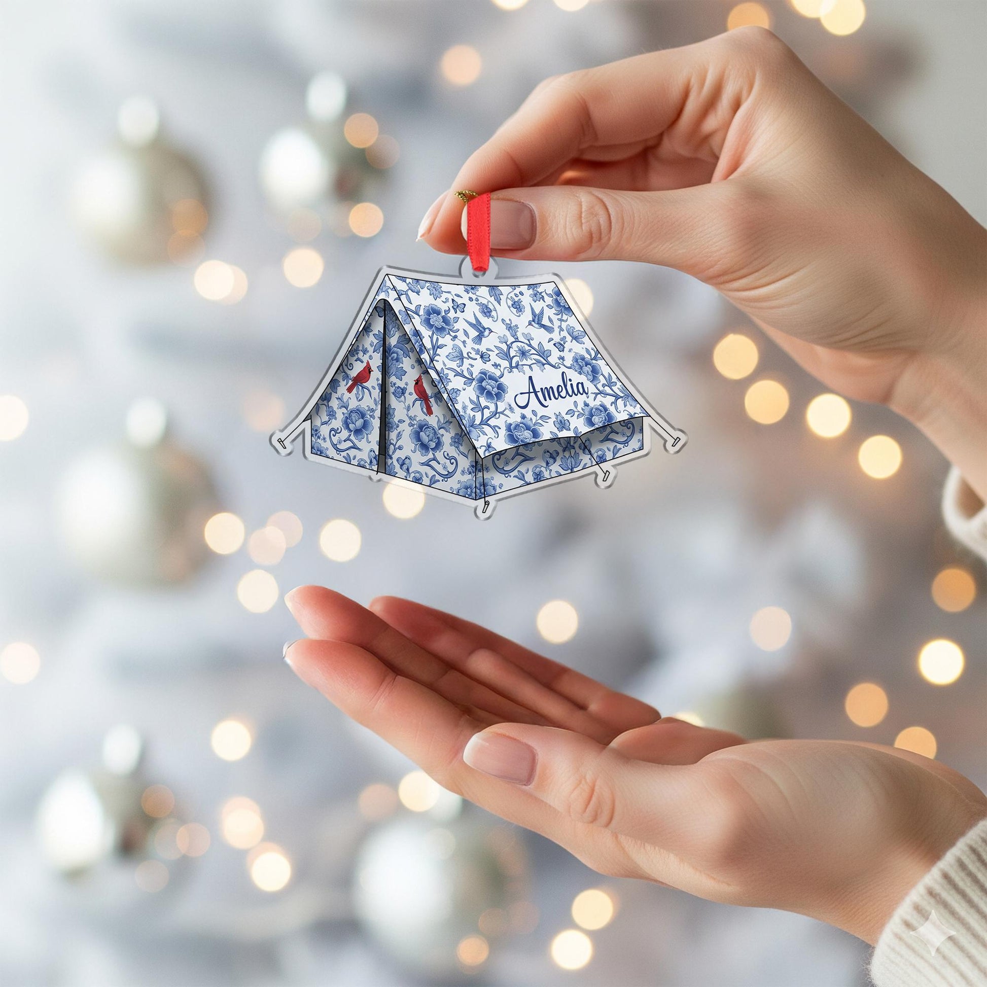 Custom Chinoiserie Tent Christmas Ornament - Personalized Camping Keepsake
