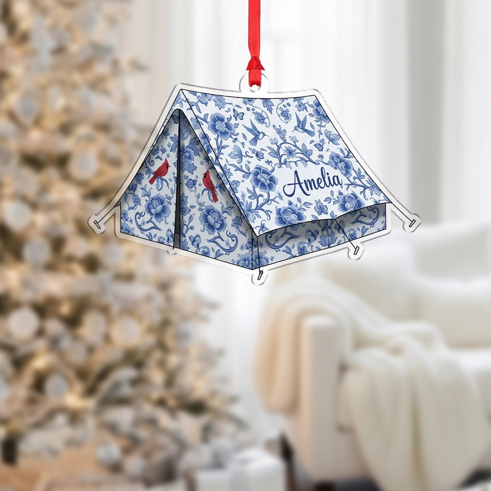 Custom Chinoiserie Tent Christmas Ornament - Personalized Camping Keepsake