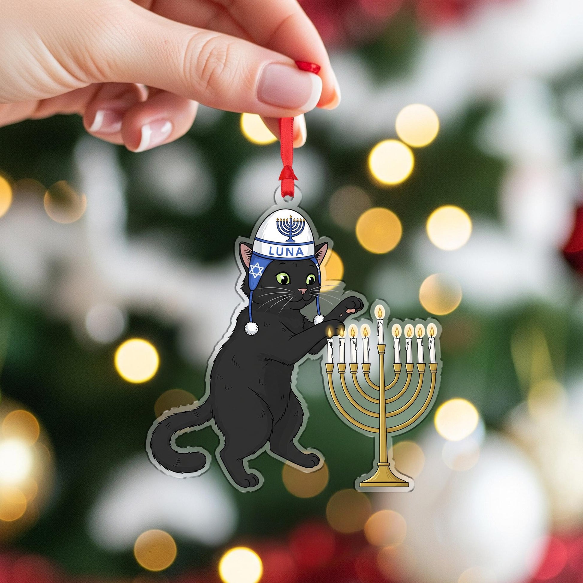 Custom Cat Hanukkah Ornament: Black Cat with Menorah and Kippah Decoration