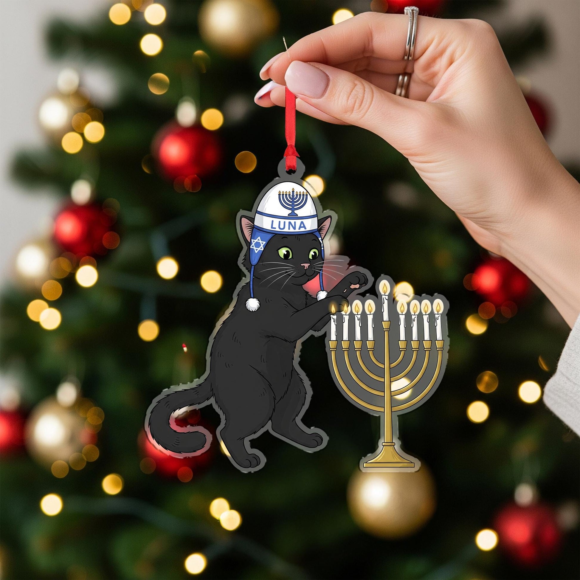 Custom Cat Hanukkah Ornament: Black Cat with Menorah and Kippah Decoration