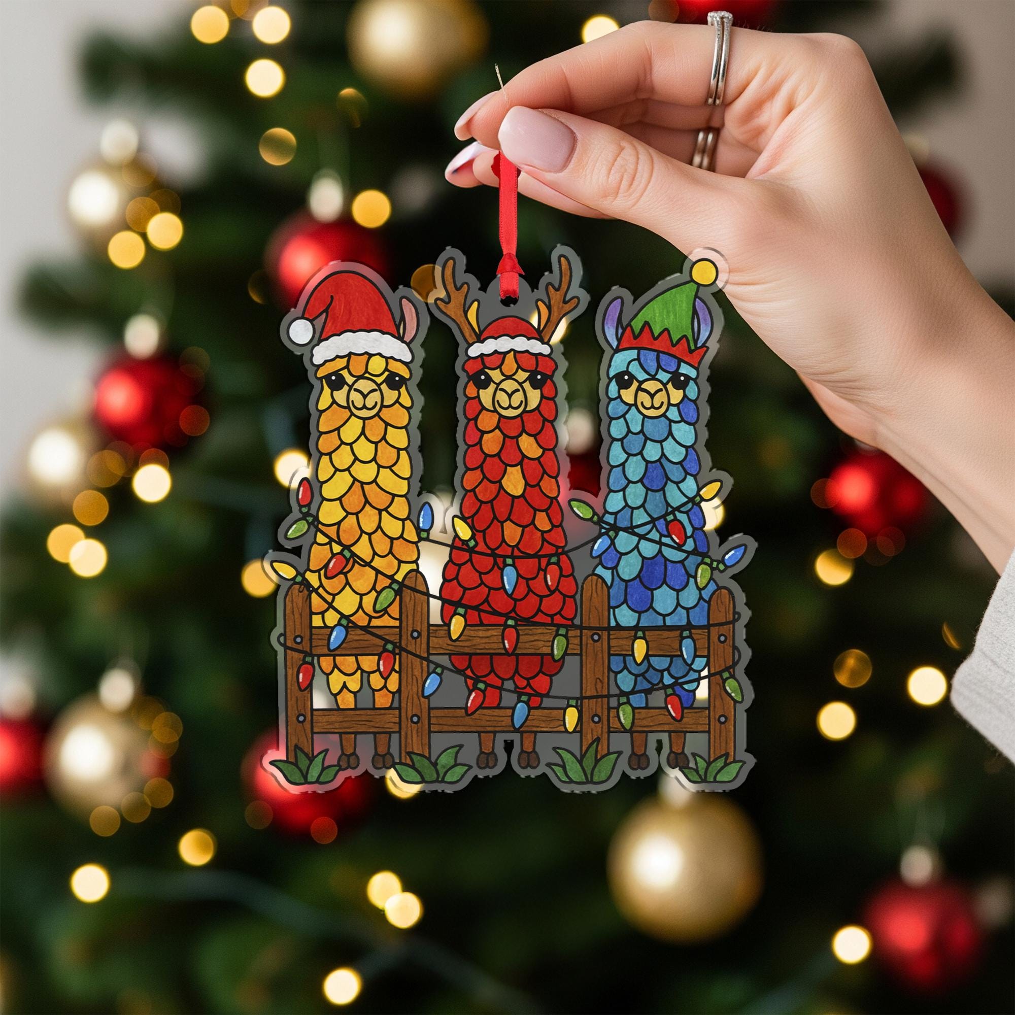 Christmas Llama Ornament: Colorful Holiday Tree Decoration with Santa Hat and Antlers