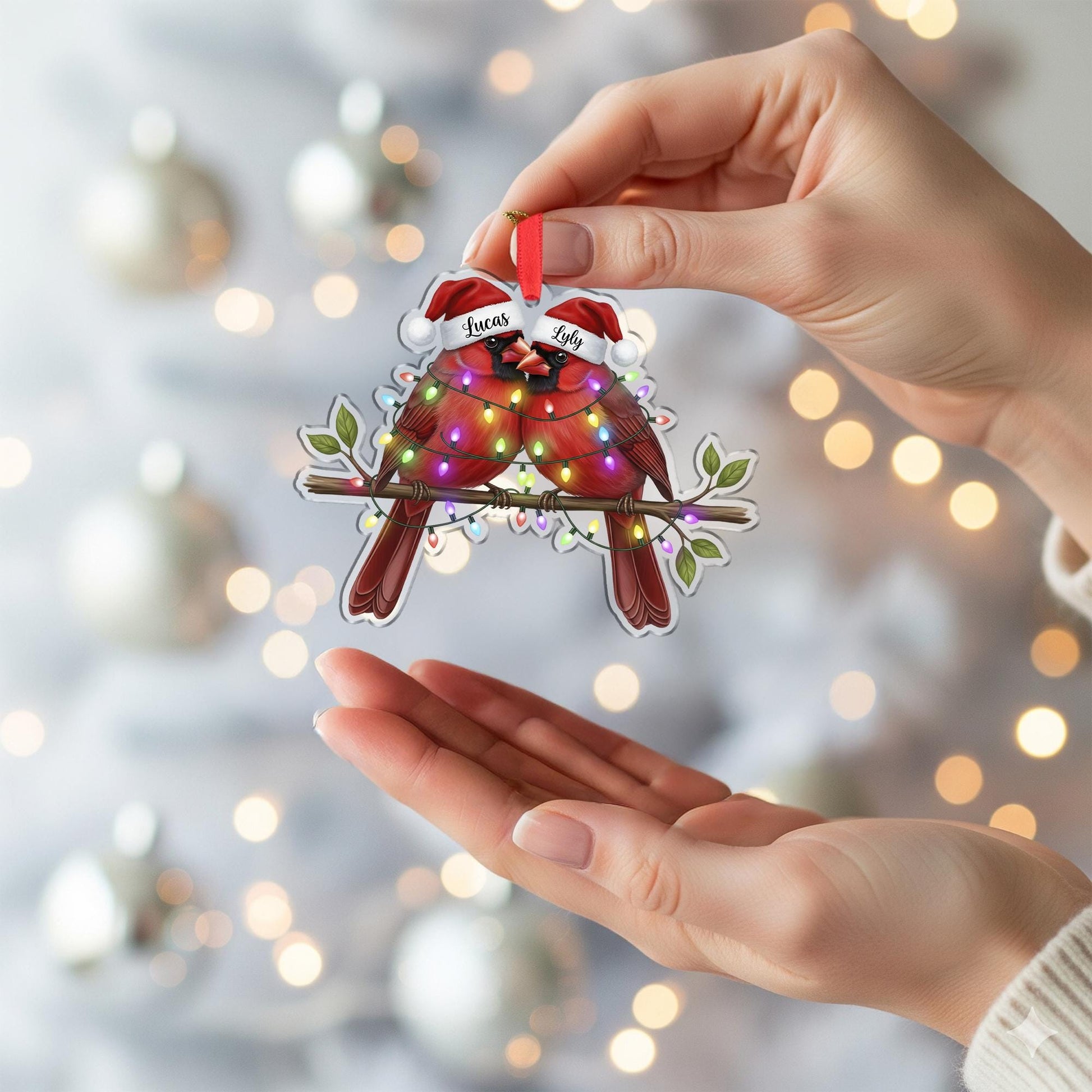 Personalized Couple Cardinal Ornament: Red Bird Christmas Decoration