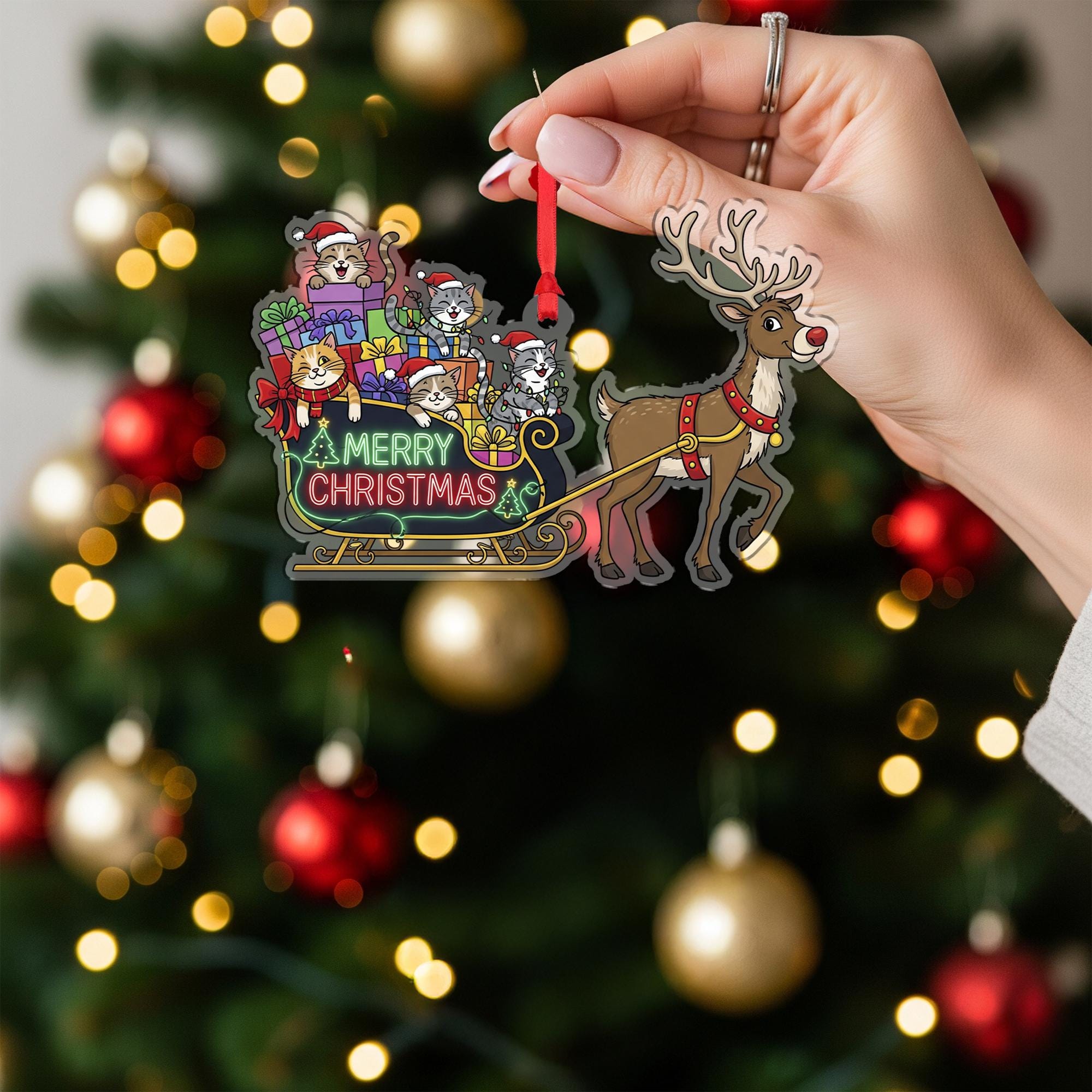 Christmas Ornament – Holiday Tree Decoration with Reindeer Sleigh and Cats Design