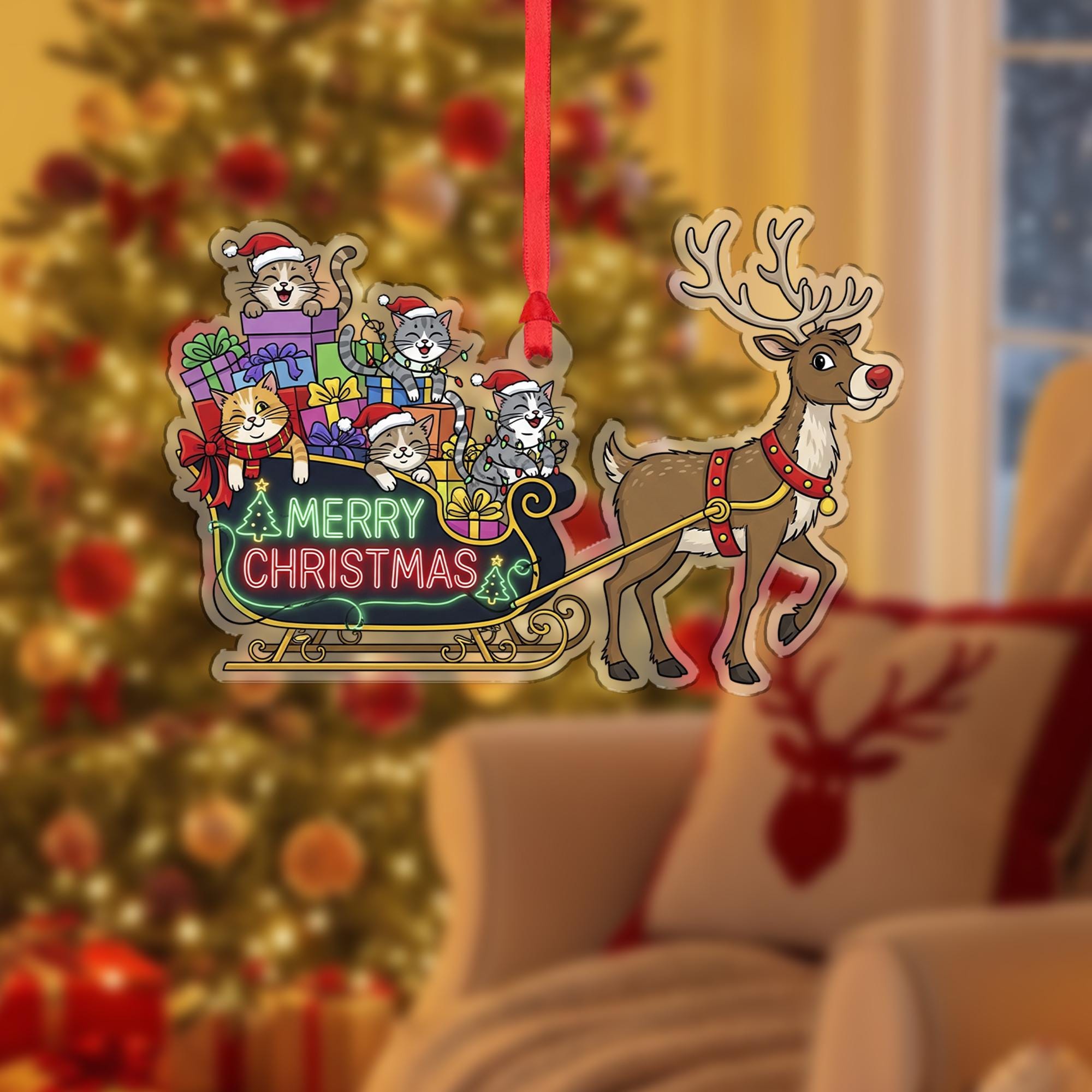 Christmas Ornament – Holiday Tree Decoration with Reindeer Sleigh and Cats Design