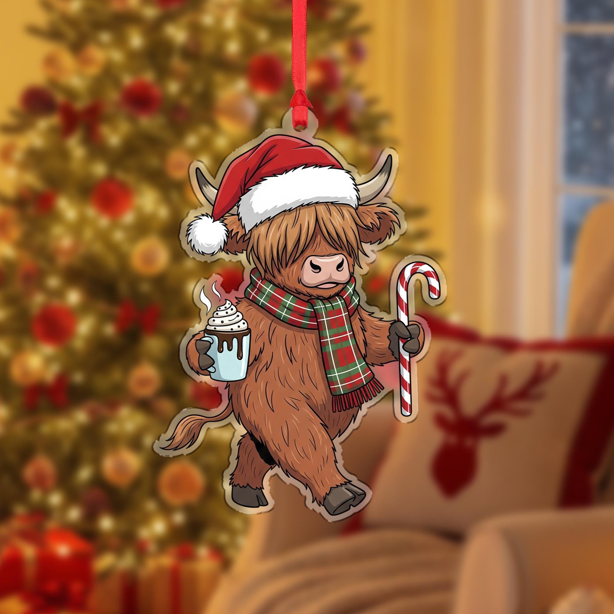 Christmas Ornament – Holiday Tree Decoration with Highland Cow, Candy Cane, and Hot Cocoa Design