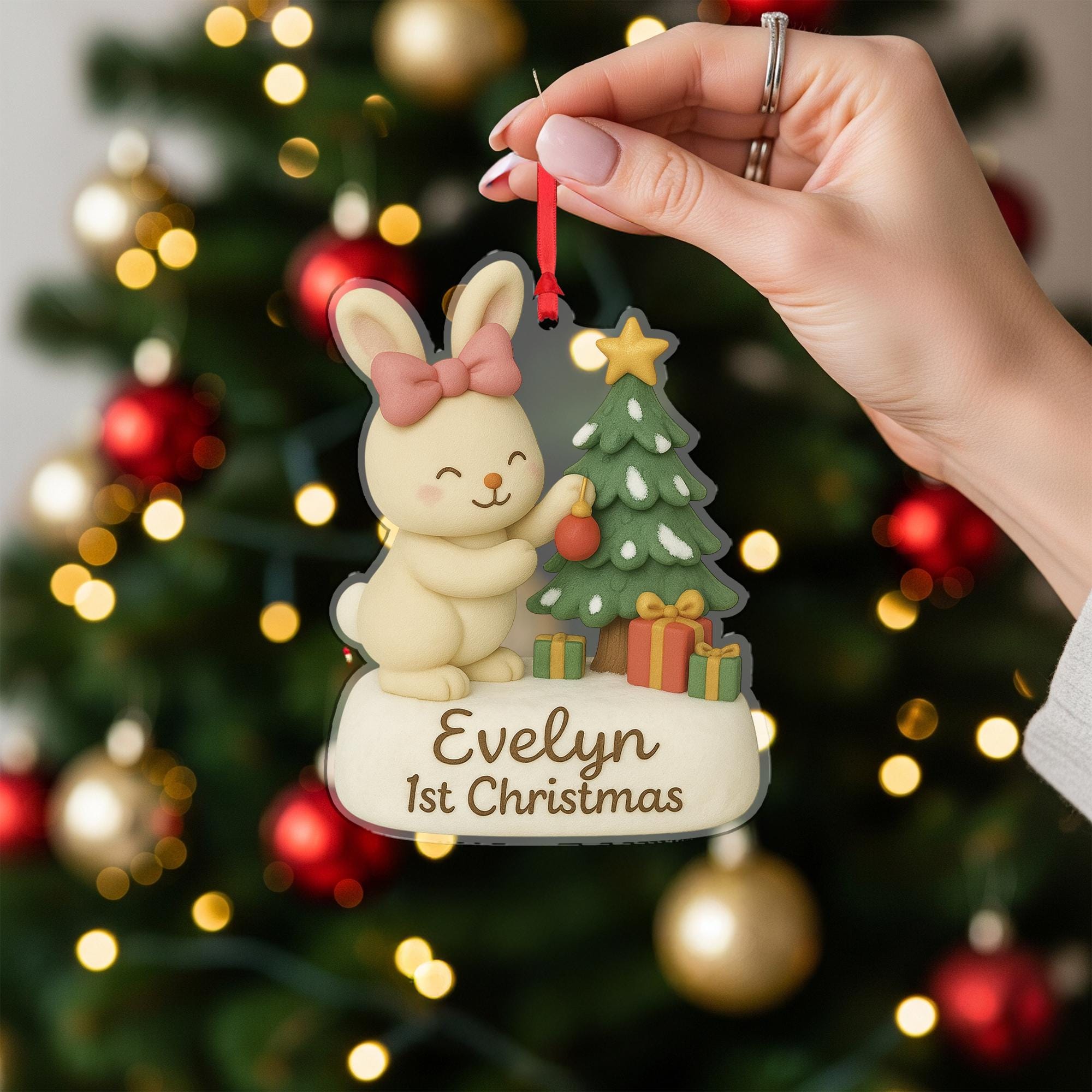 Personalized Baby’s First Christmas Ornament – Bunny with Tree and Gifts Holiday Decoration