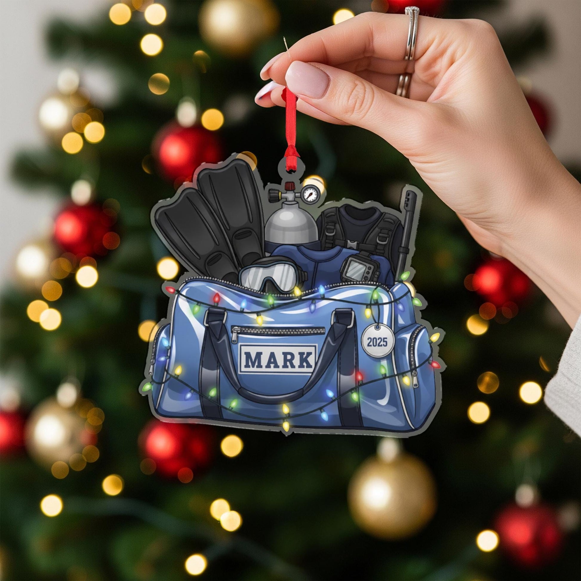 Personalized Scuba Diving Ornament – Holiday Tree Decoration with Gear Bag, Fins, and Tank Design