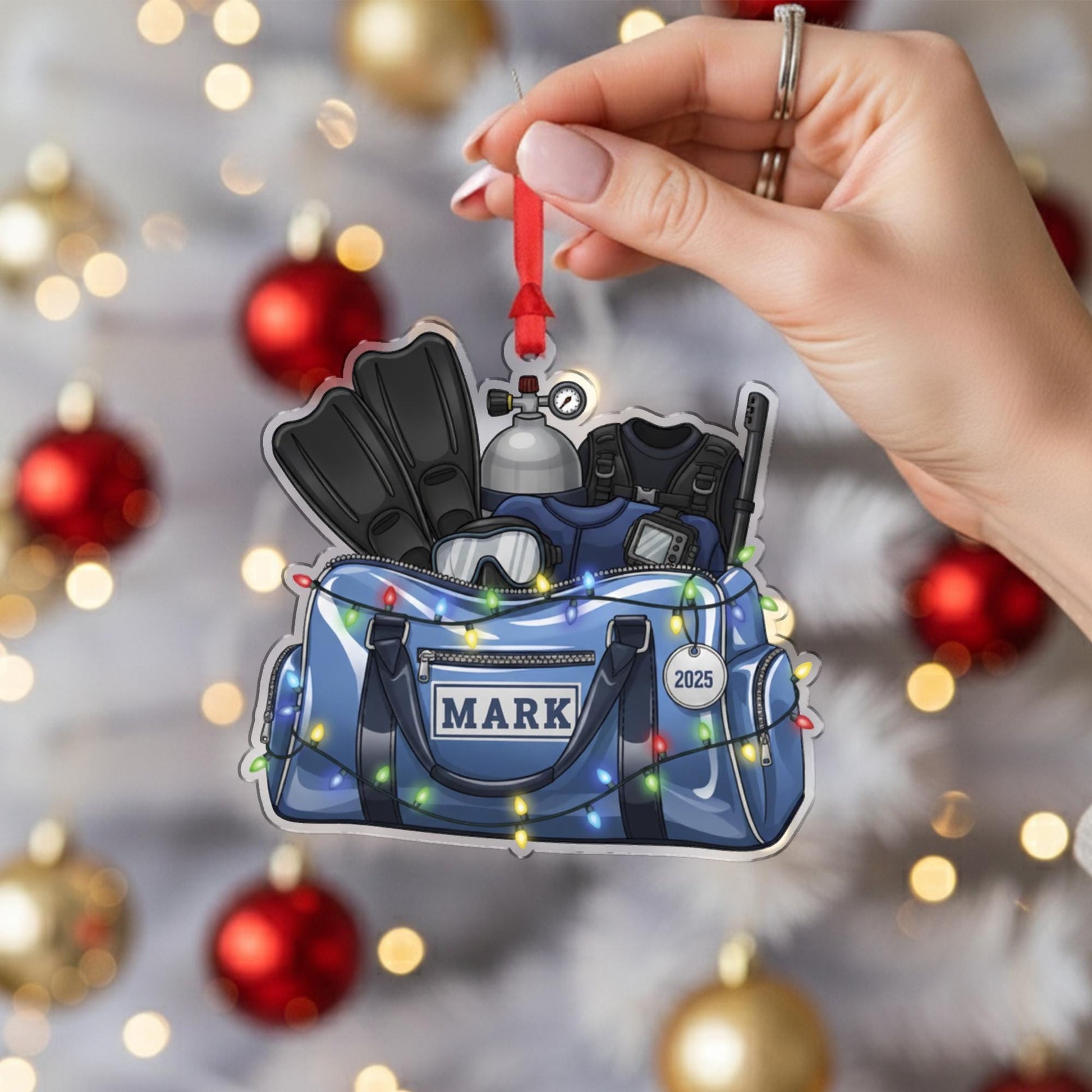 Personalized Scuba Diving Ornament – Holiday Tree Decoration with Gear Bag, Fins, and Tank Design