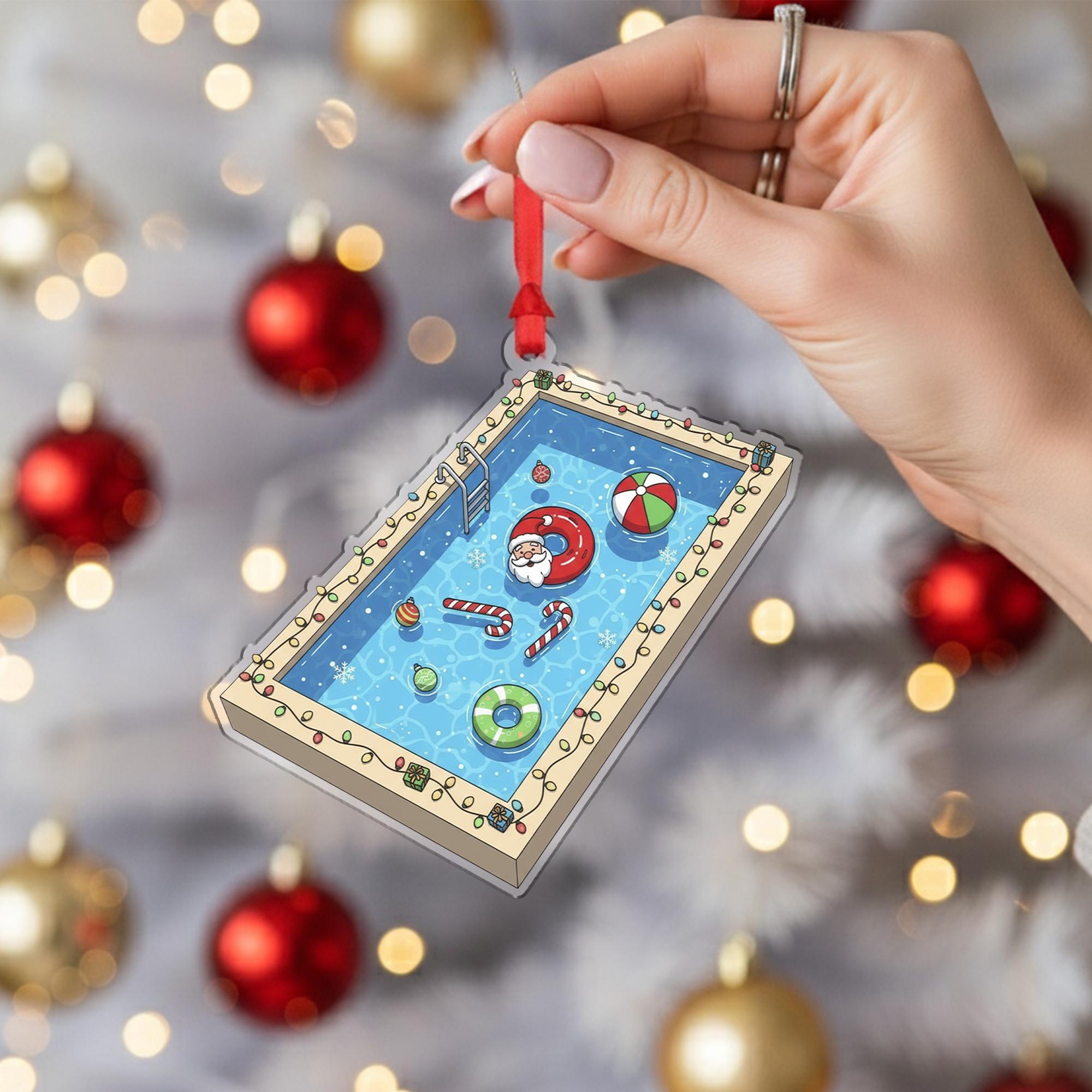 Christmas Ornament – Holiday Tree Decoration with Santa in Swimming Pool and Candy Cane Floats
