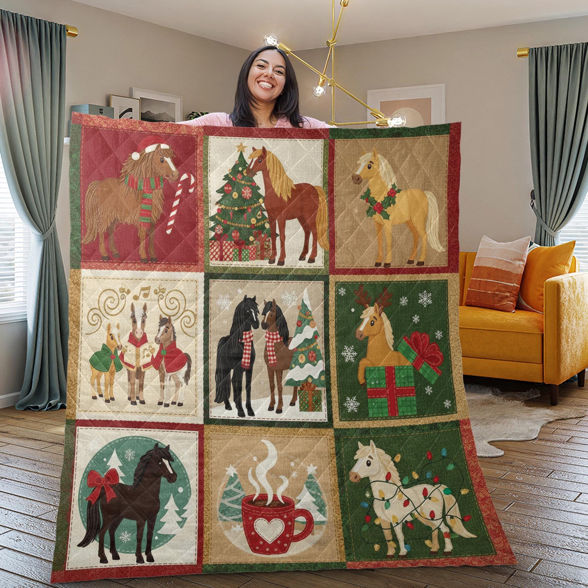 Christmas Horse Quilt Blanket – Holiday Farmhouse Horses Patchwork Throw