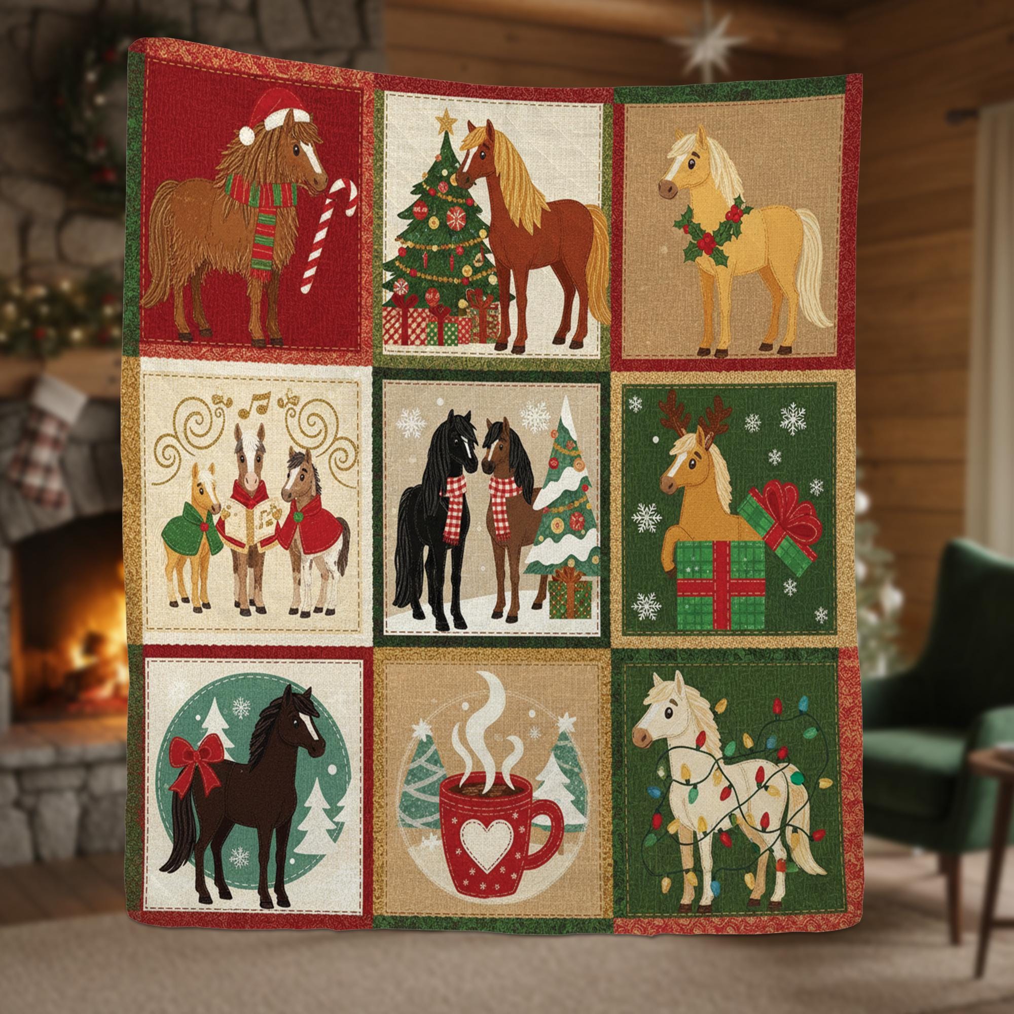 Christmas Horse Quilt Blanket – Holiday Farmhouse Horses Patchwork Throw