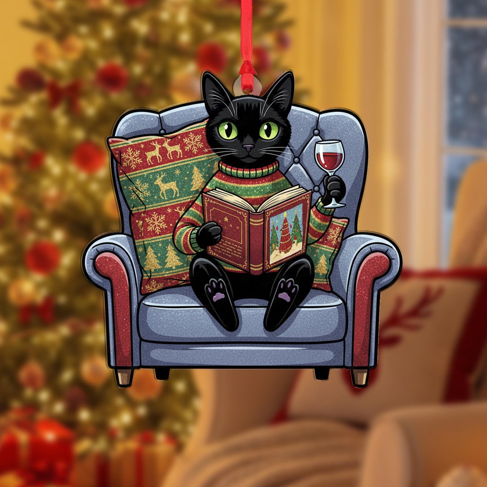 Custom Cat Christmas Ornament: Black Cat Reading Wine