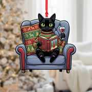 Custom Cat Christmas Ornament: Black Cat Reading Wine