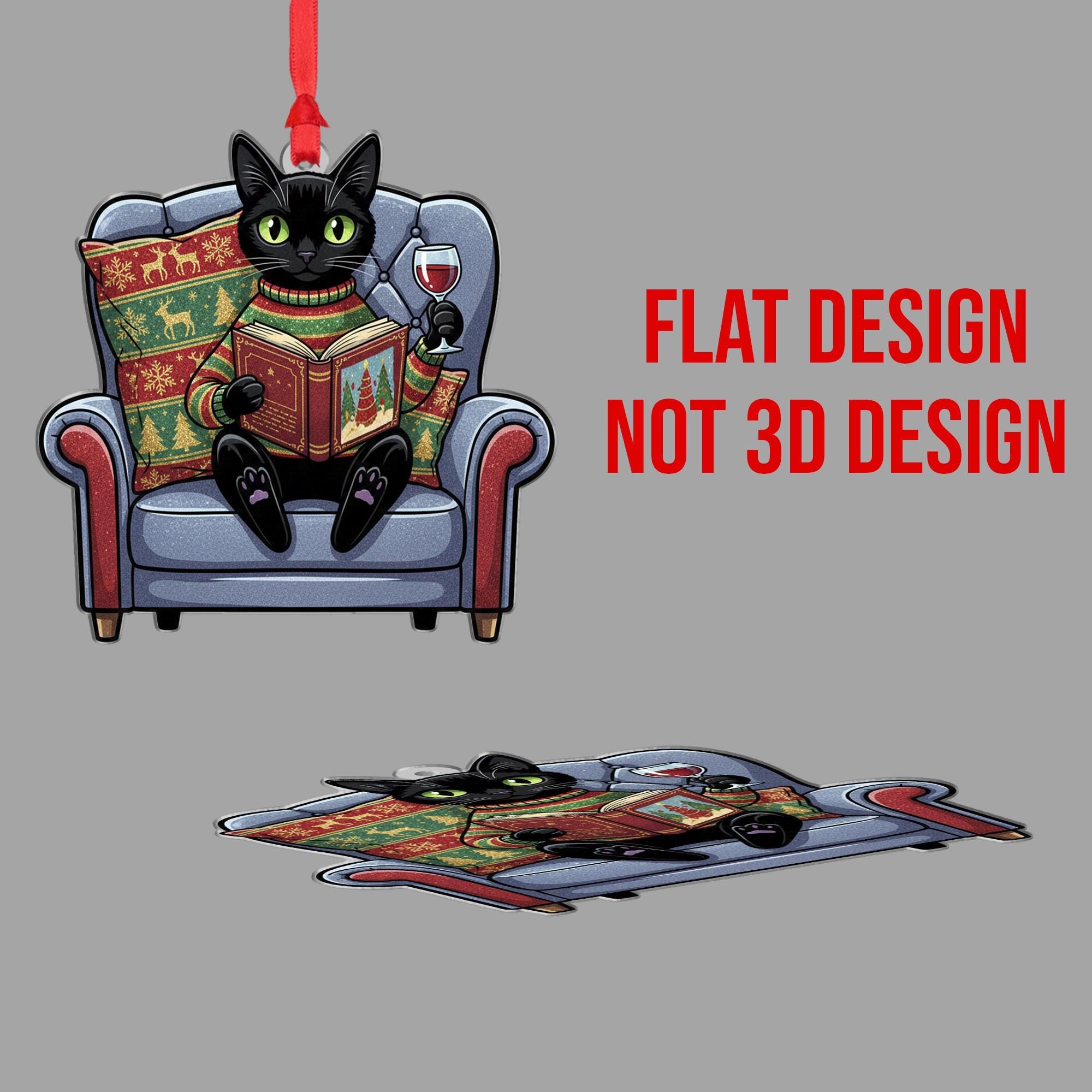 Custom Cat Christmas Ornament: Black Cat Reading Wine