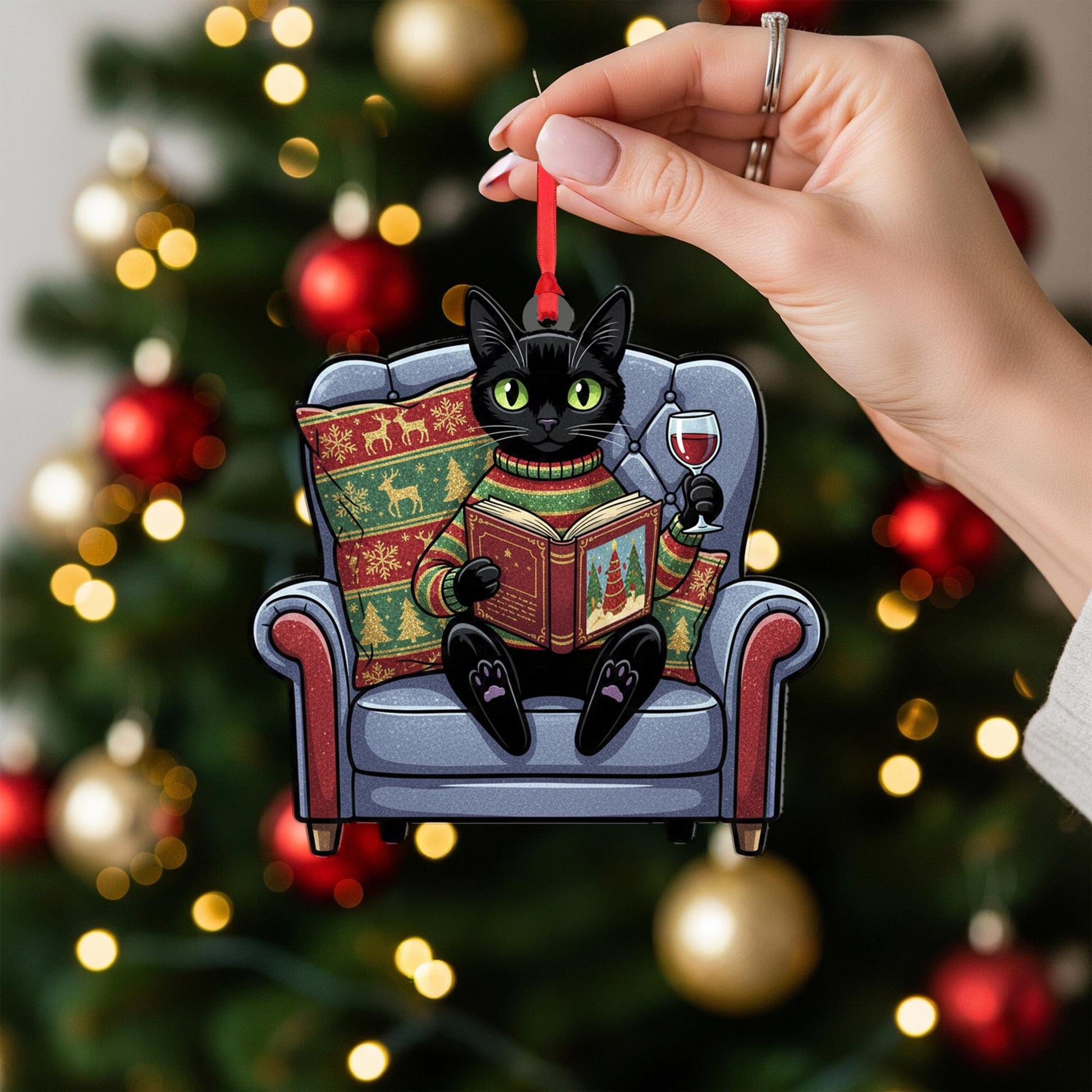Custom Cat Christmas Ornament: Black Cat Reading Wine