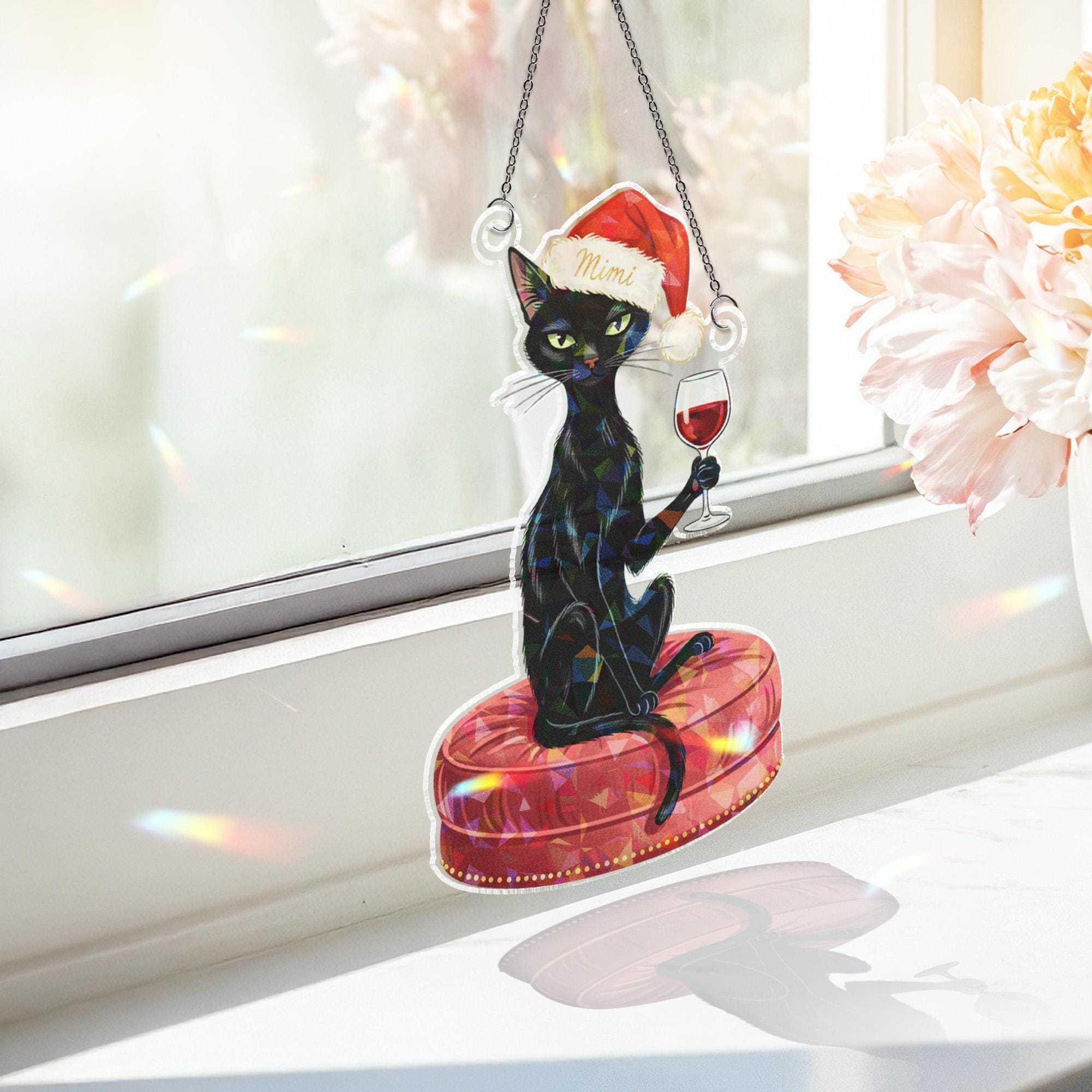 Custom Black Cat Acrylic Hologram Window Hanging: Shimmering Sun Catcher