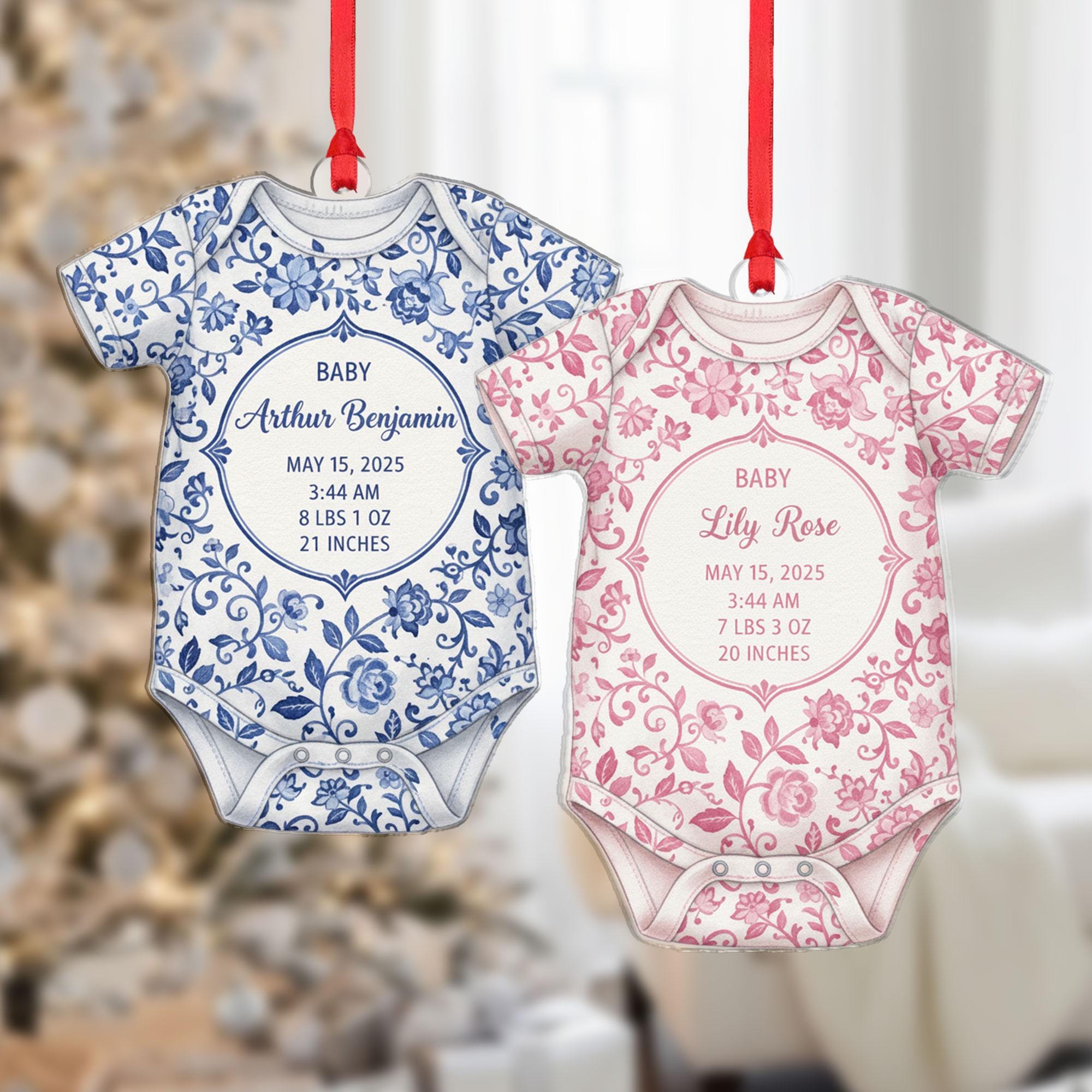 Personalized Baby Onesie Ornament, Birth Stats Keepsake, Floral Design Christmas Tree Decoration