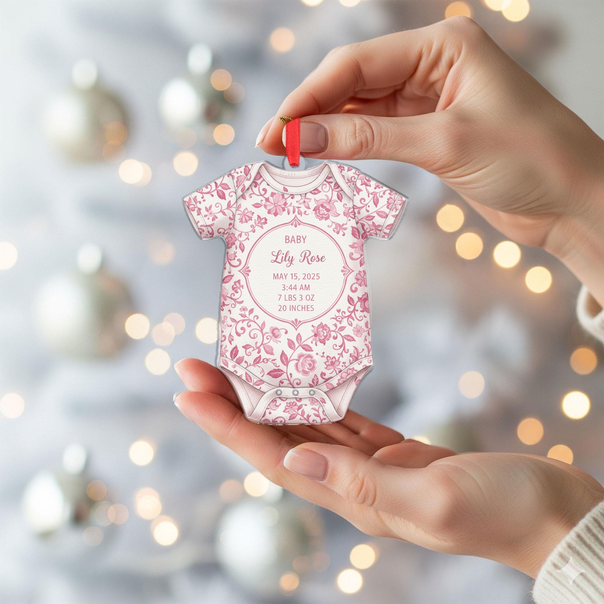 Personalized Baby Onesie Ornament, Birth Stats Keepsake, Floral Design Christmas Tree Decoration
