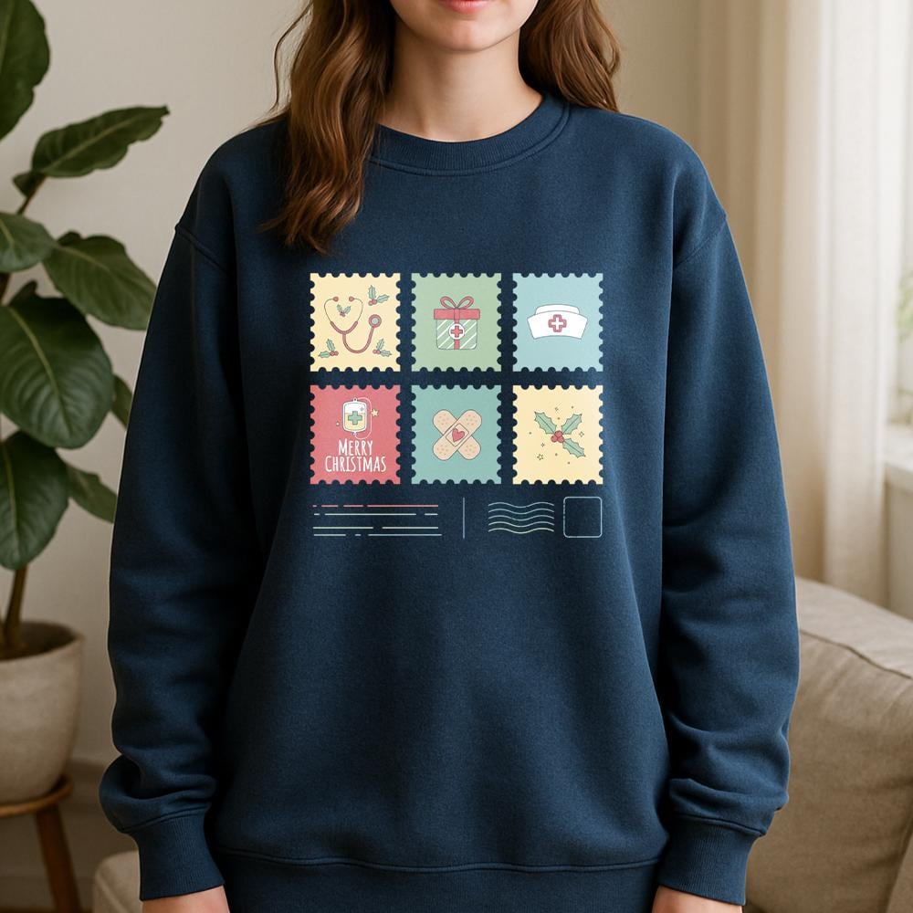 Custom Christmas Nurse Stamp Sweatshirt – medical icons holiday design