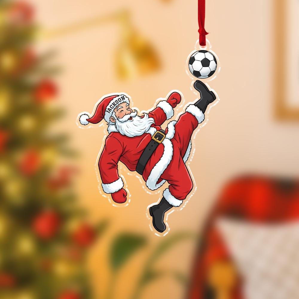 Personalized Soccer Santa Ornament – Custom Name Sports Decor – Holiday Christmas Tree Decoration