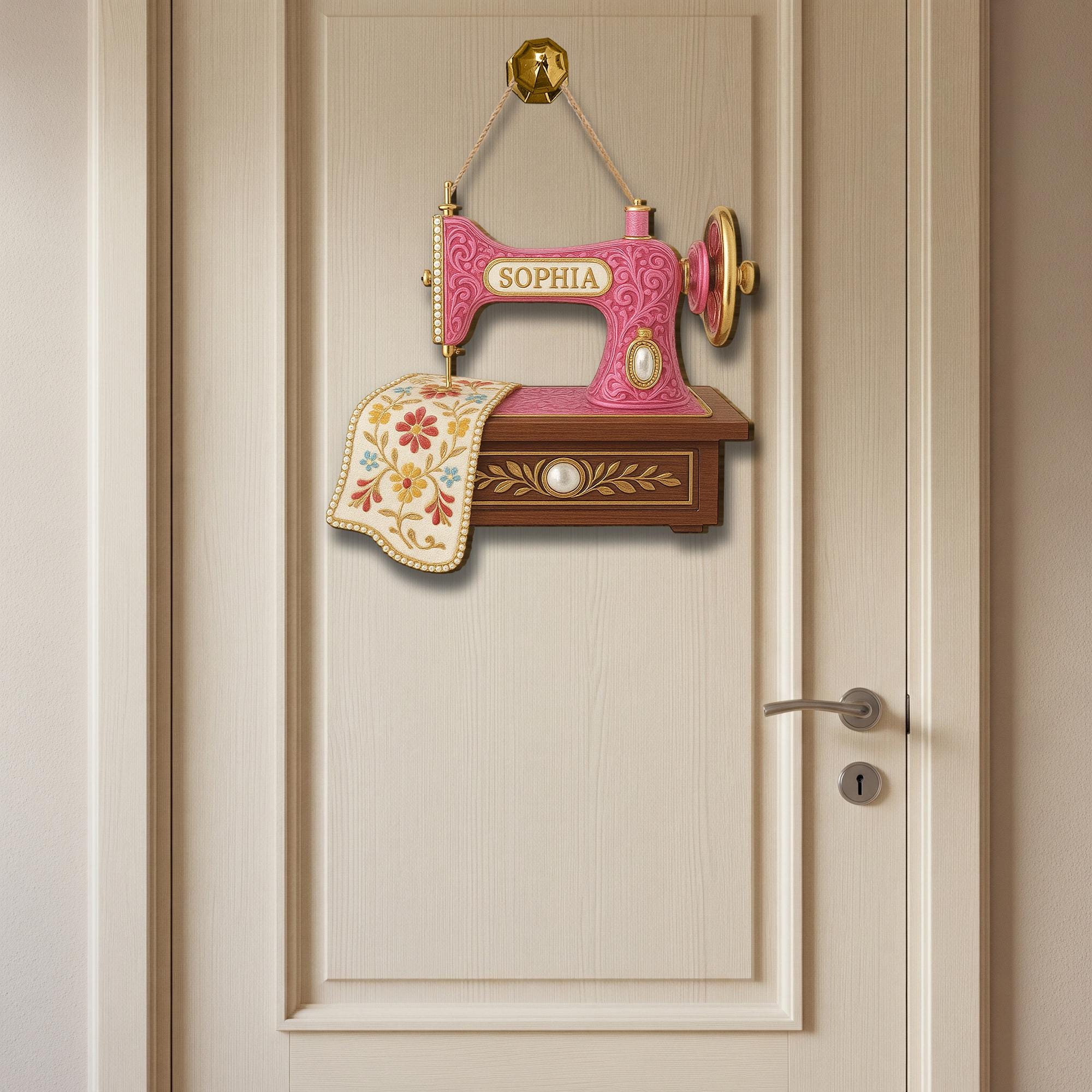 Personalized Sewing Machine Sign, Custom Name Wood Wall Decor for Seamstress