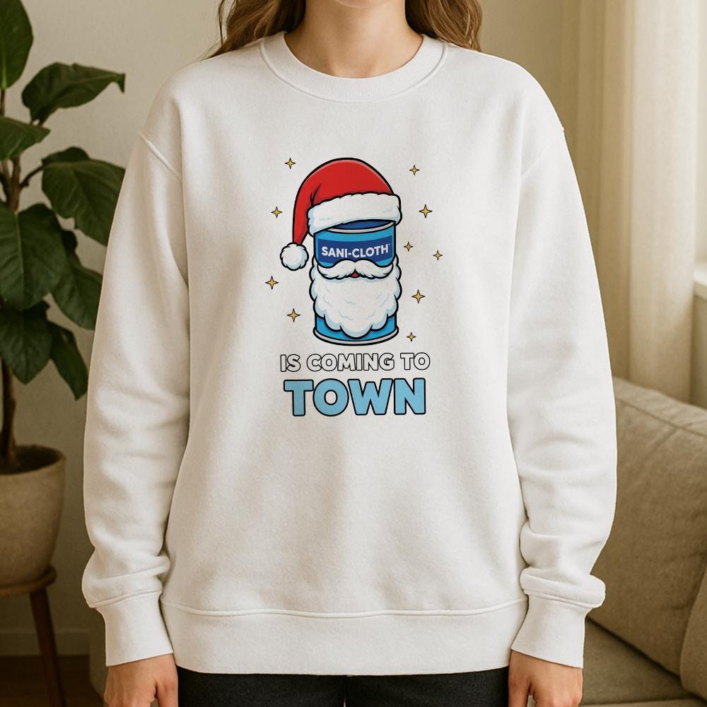 Cotton Blend Sweatshirt “Sani-Cloth Is Coming to Town” Graphic Design