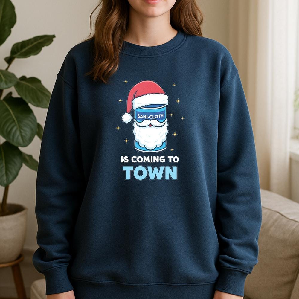 Cotton Blend Sweatshirt “Sani-Cloth Is Coming to Town” Graphic Design