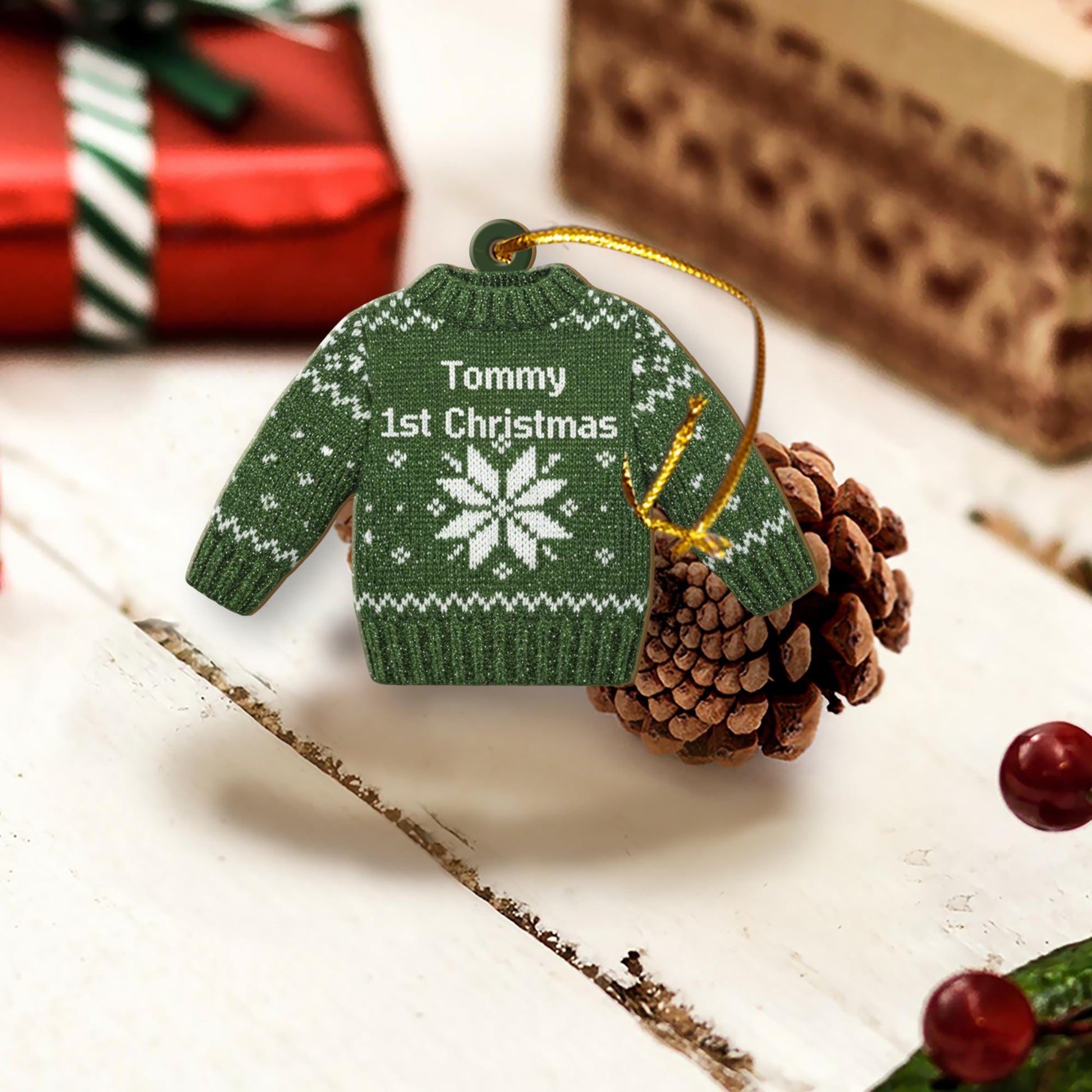 Personalized 1st Christmas Ornament - Baby Ugly Sweater Wood Keepsake