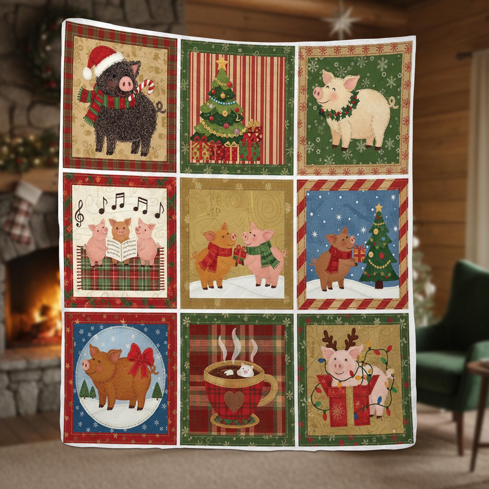 Christmas Pig Blanket, Cute Farm Animal Holiday Quilt Throw for Winter Decor