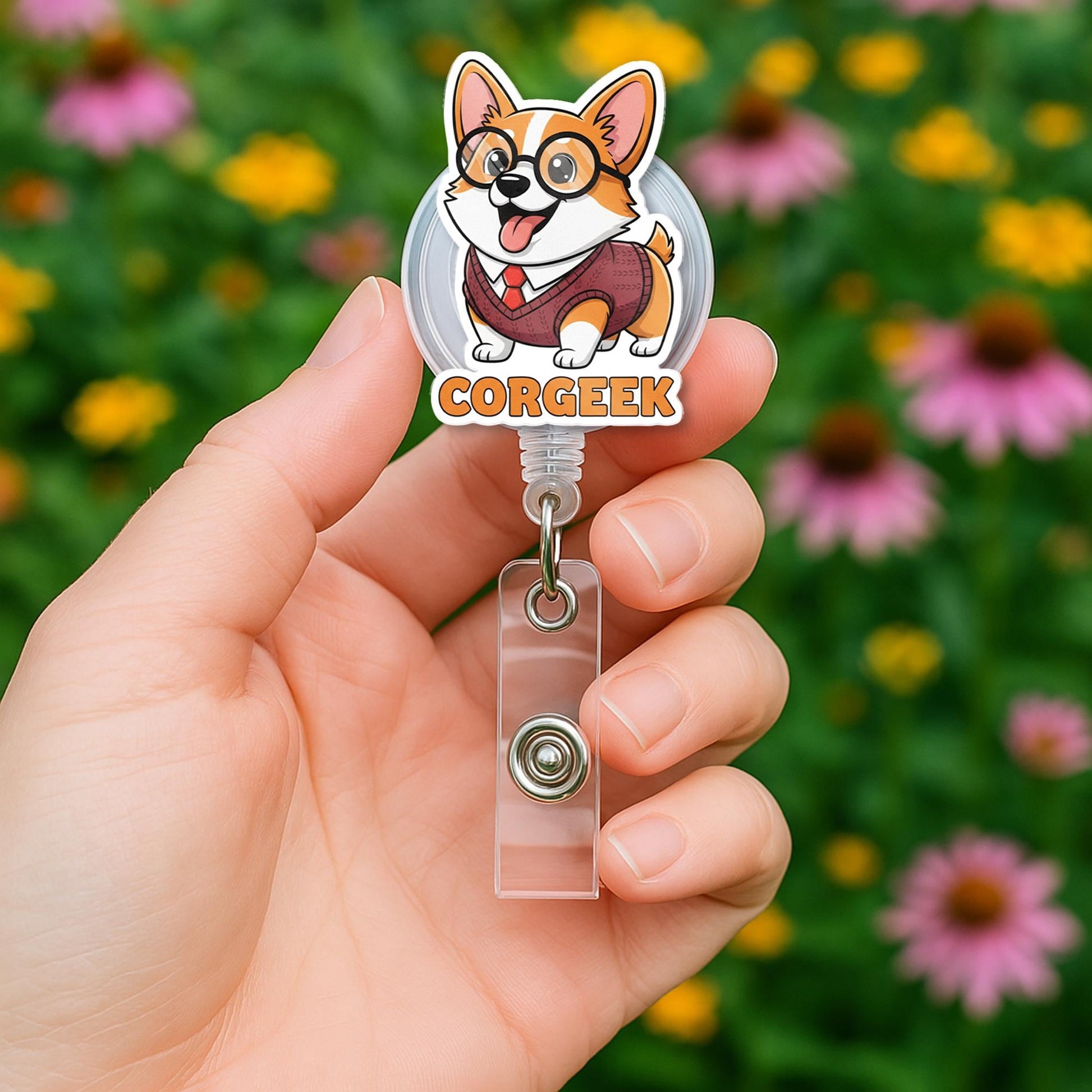 Corgi Geek Badge Reel ID Holder, Retractable Clip Nerd Dog