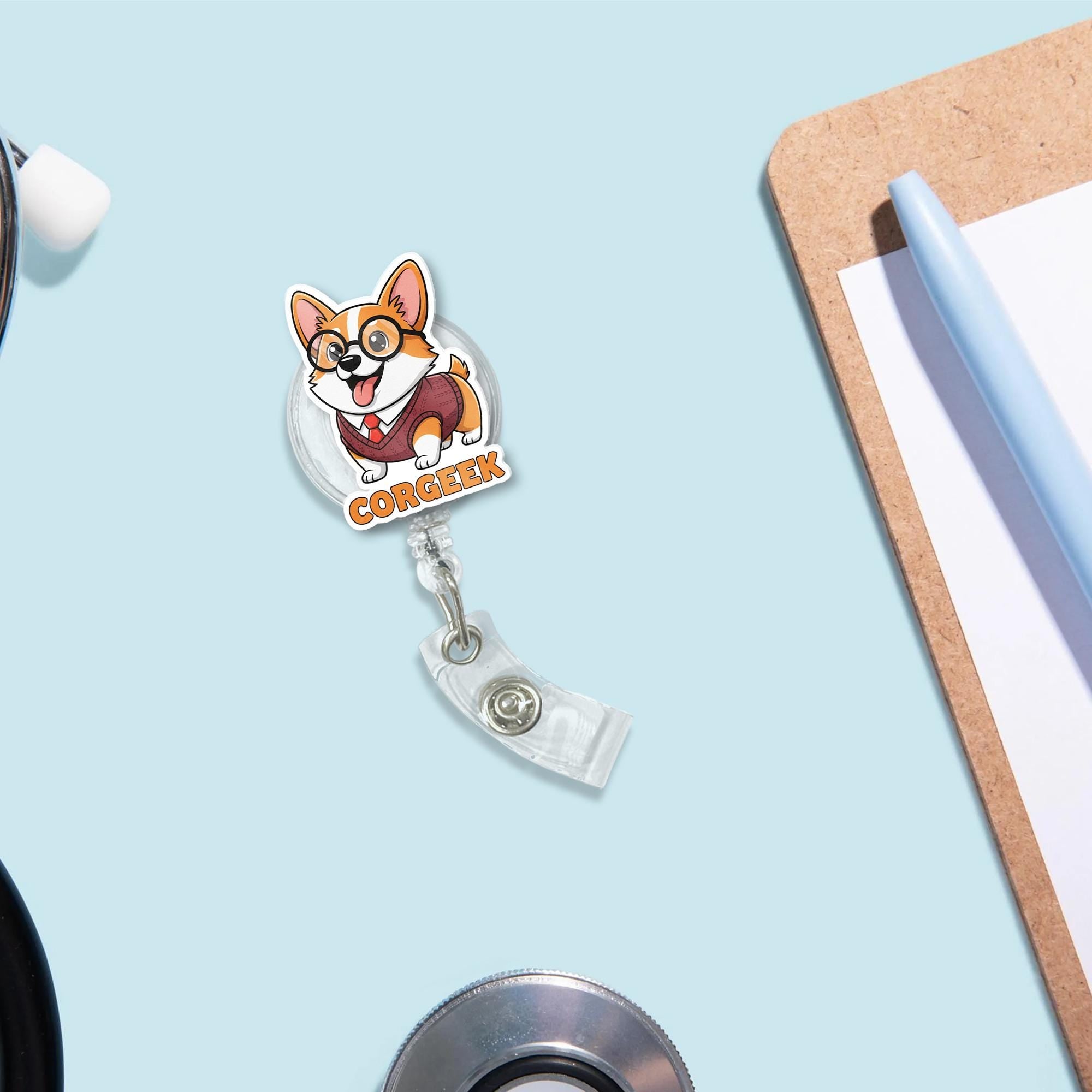Corgi Geek Badge Reel ID Holder, Retractable Clip Nerd Dog