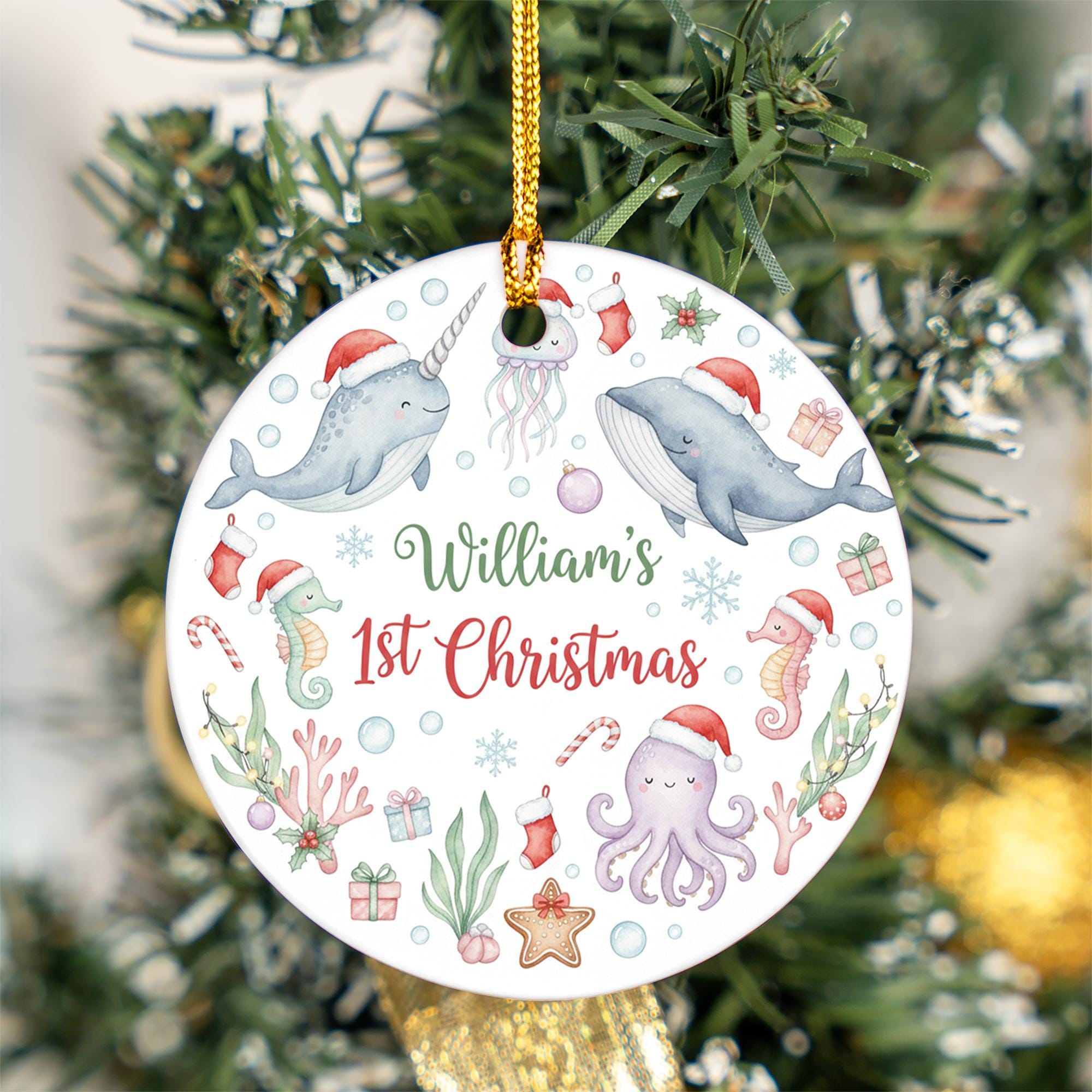 Personalized Baby's 1st Christmas Ornament - Ocean Animals Ceramic Keepsake