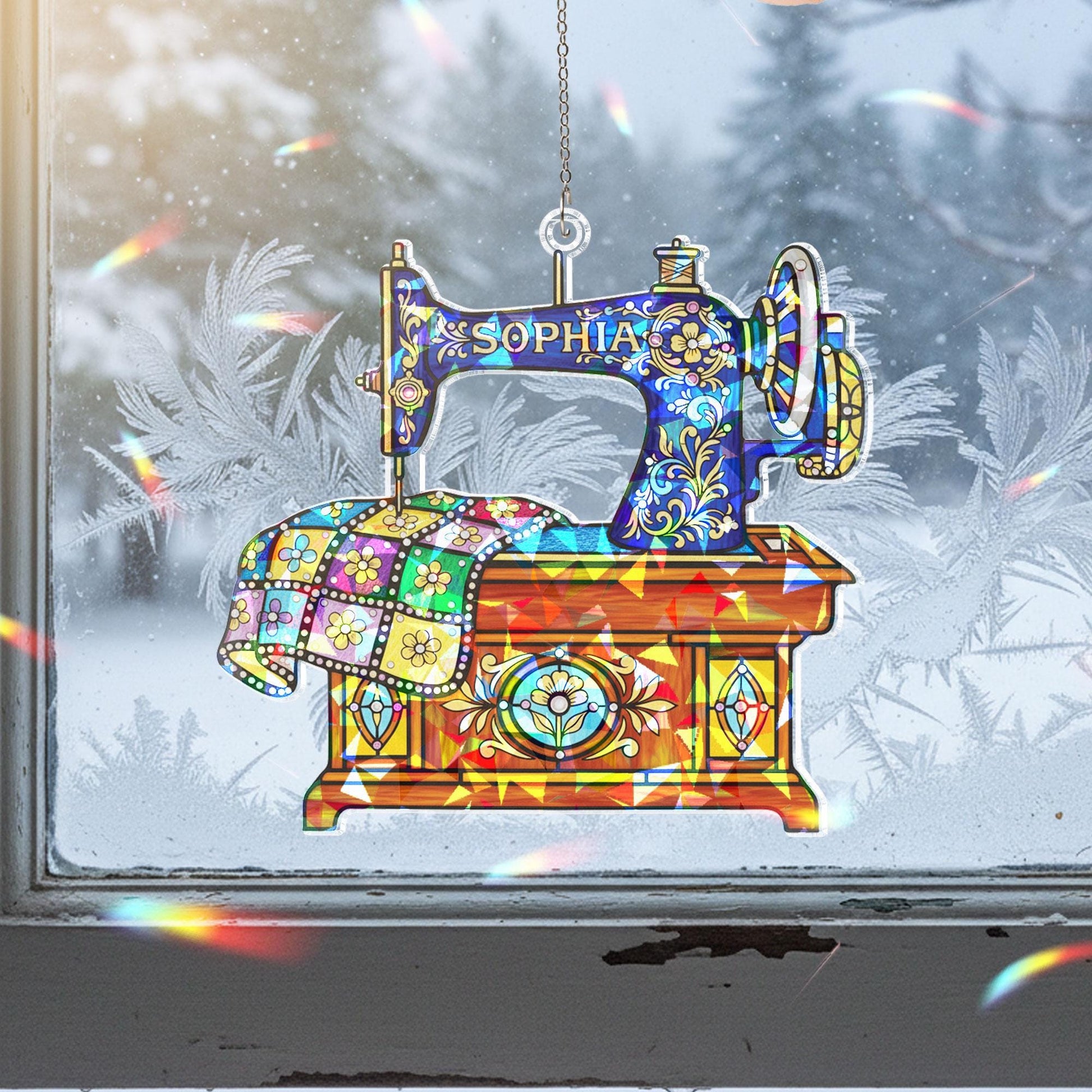 Personalized Sewing Machine Ornament: Custom Quilt Design Hanging Decoration