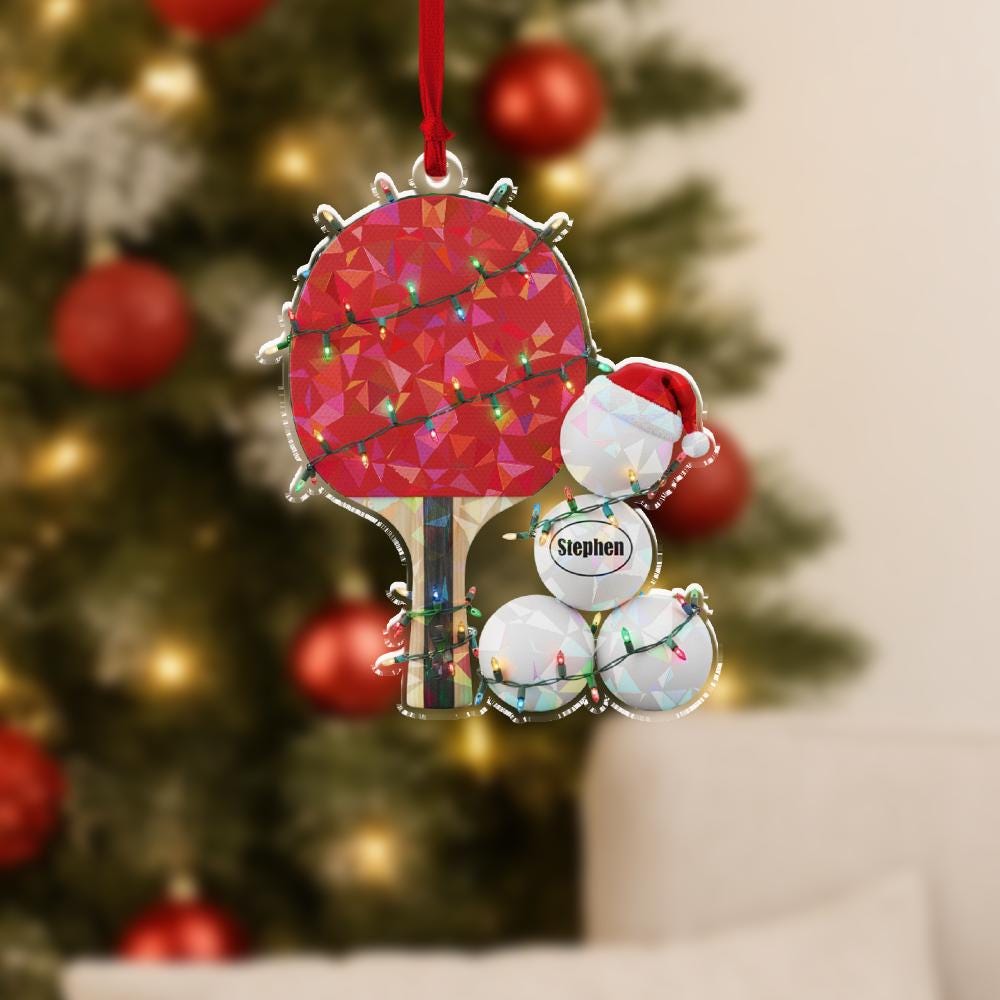 Personalized Table Tennis Hologram Ornament, Acrylic Paddle with Balls & Name