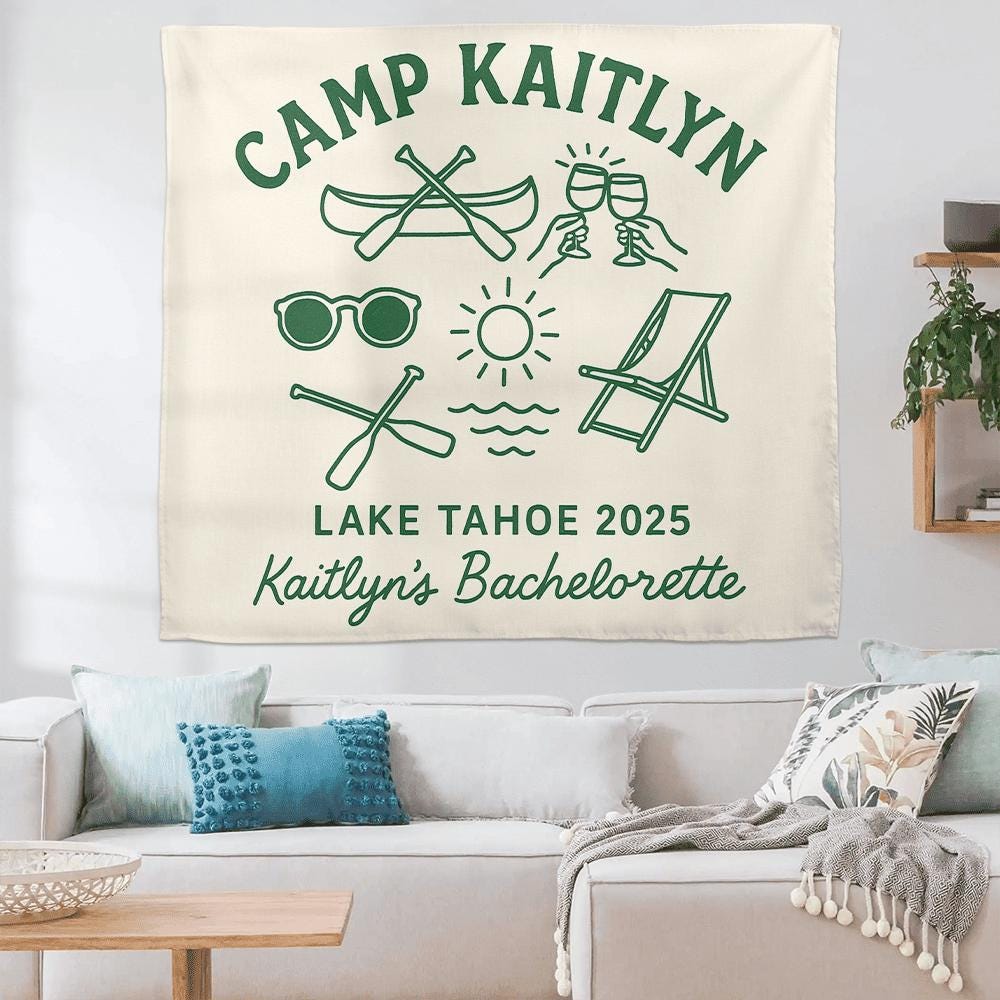 Custom Camp Bachelorette Tapestry, Lake Trip Banner, Cabin Party Decor, Personalized Bachelorette Backdrop