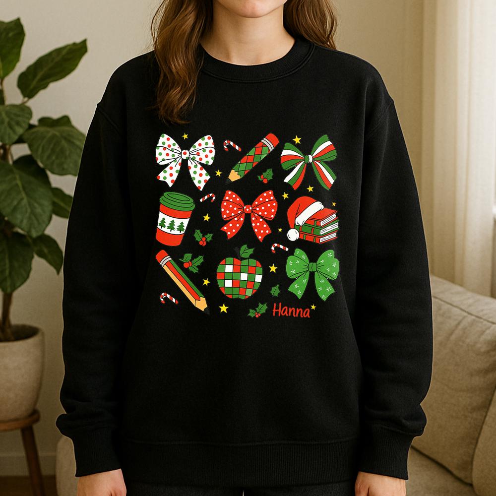 Christmas Sweatshirt, Cotton Holiday Crewneck with Bows and Festive Icons