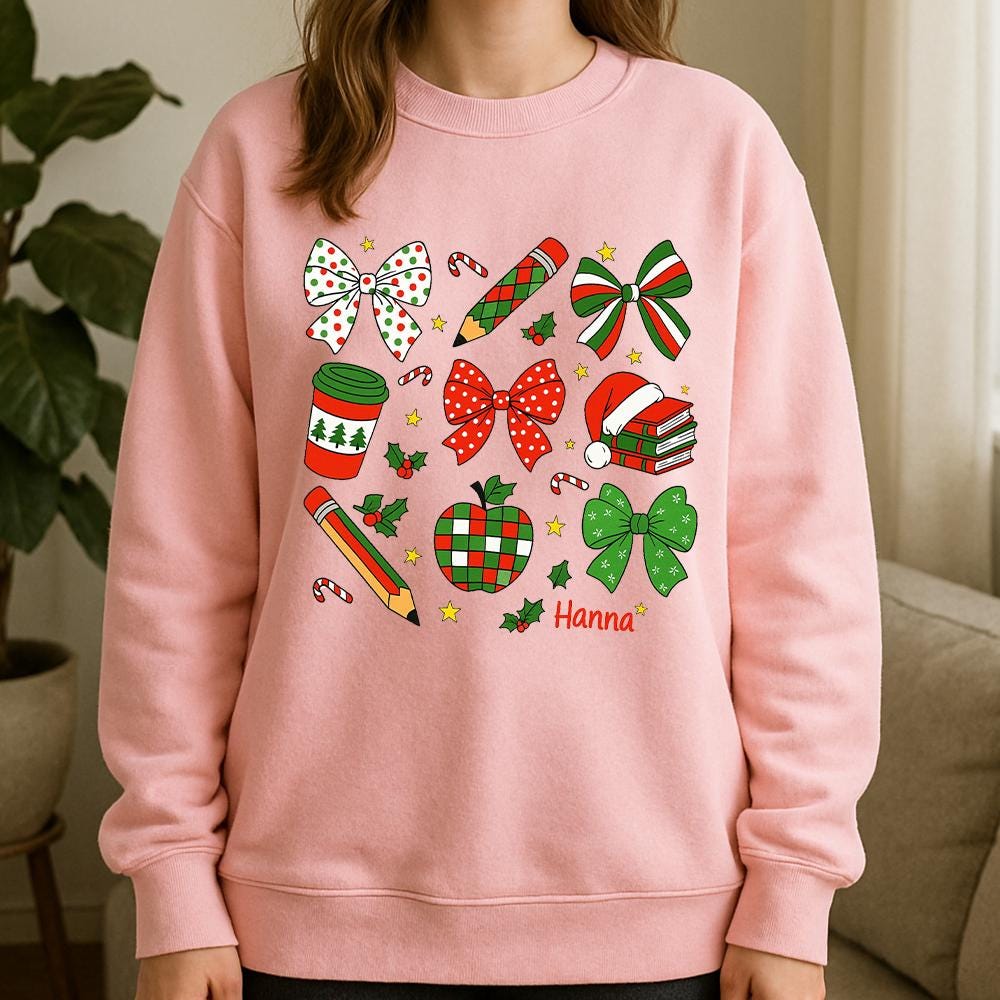 Christmas Sweatshirt, Cotton Holiday Crewneck with Bows and Festive Icons