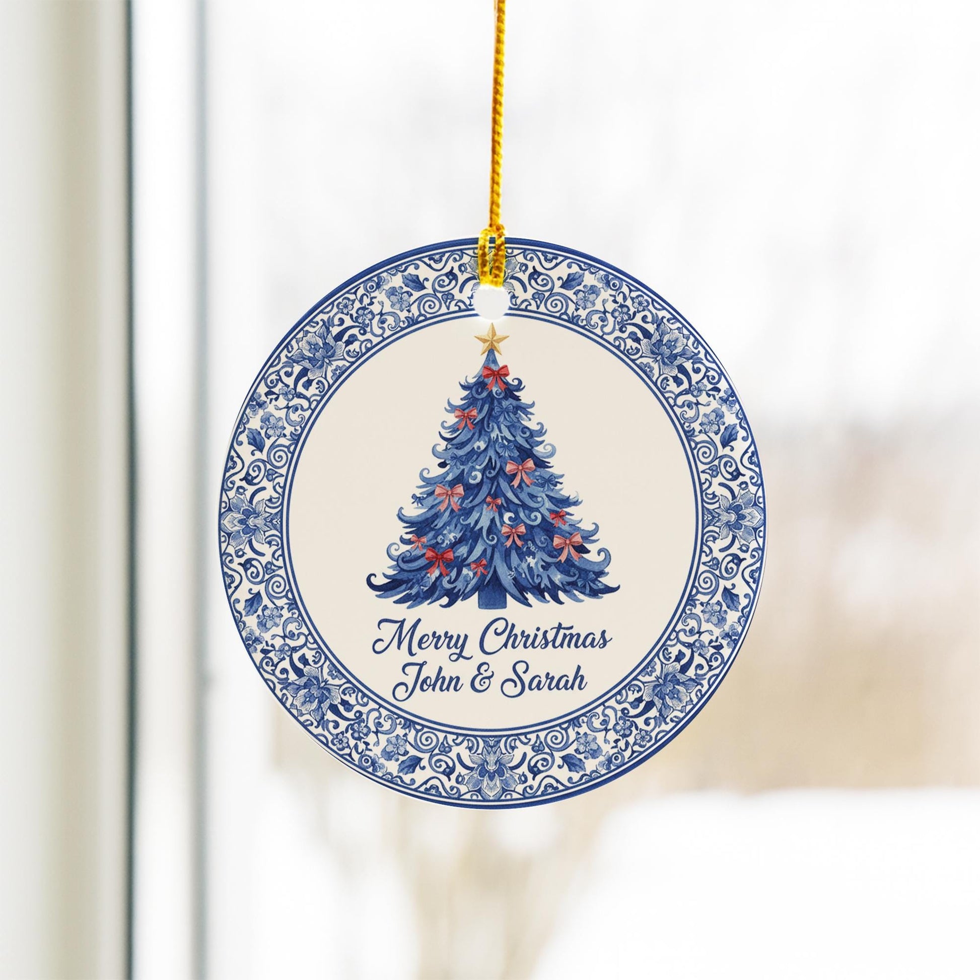 Personalized Round Ceramic Christmas Ornament — Custom Name and Tree Design — Blue & White Floral Decoration